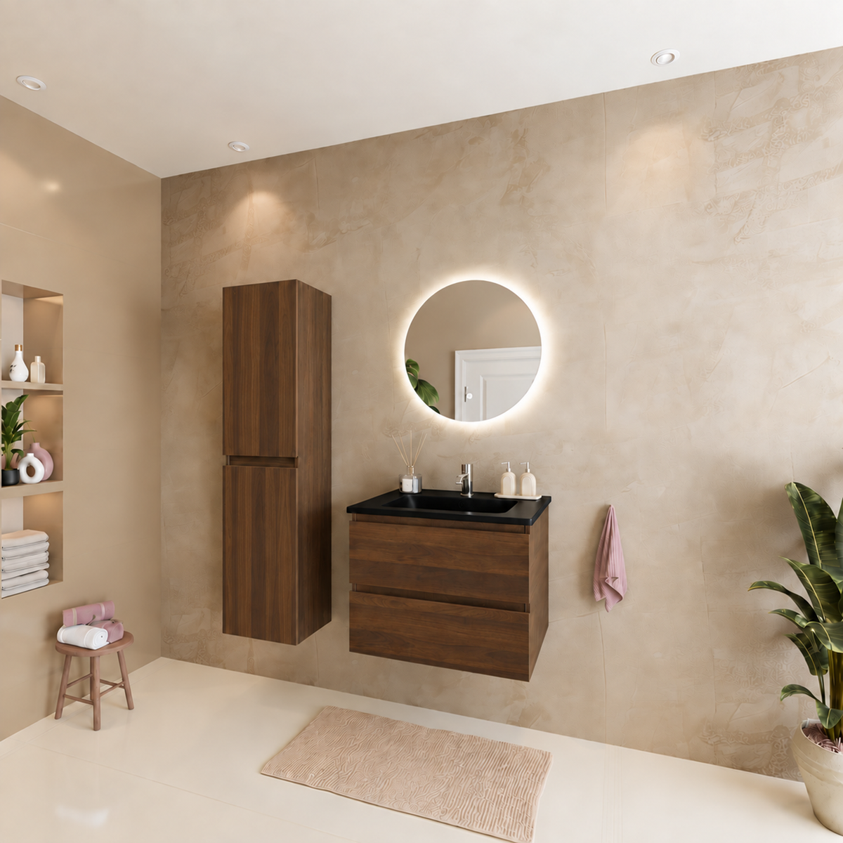Conjunto de muebles de baño VERONA 60 cm - Con Columna de Baño - Roble Marrón - Lavabo Negro