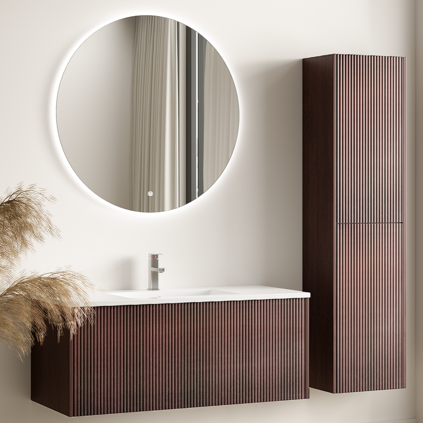 Badmeubelset ROVANI 100 cm - Walnoot - Ribbel front - Wastafel wit