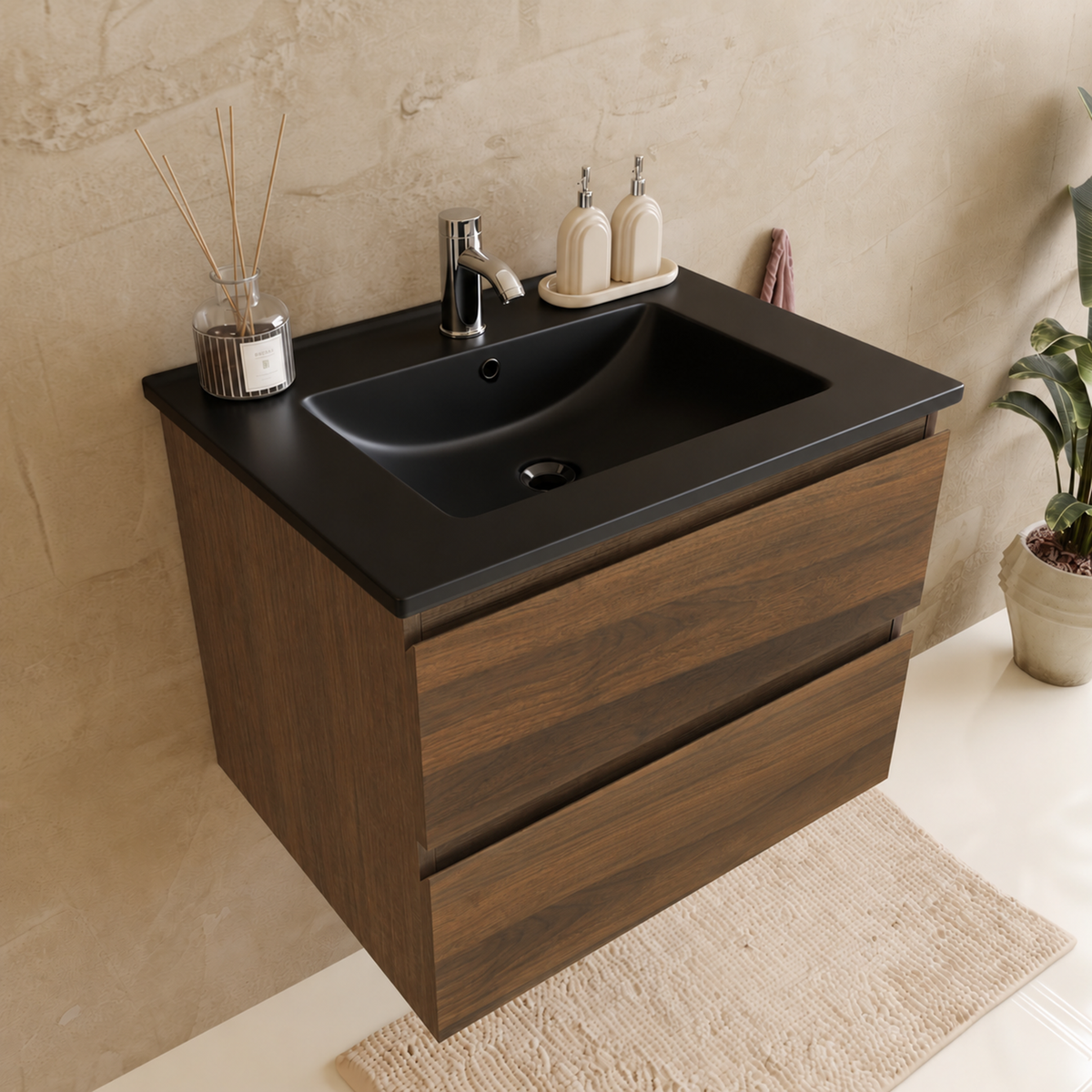 Conjunto de muebles de baño VERONA 60 cm - Con Columna de Baño - Roble Marrón - Lavabo Negro