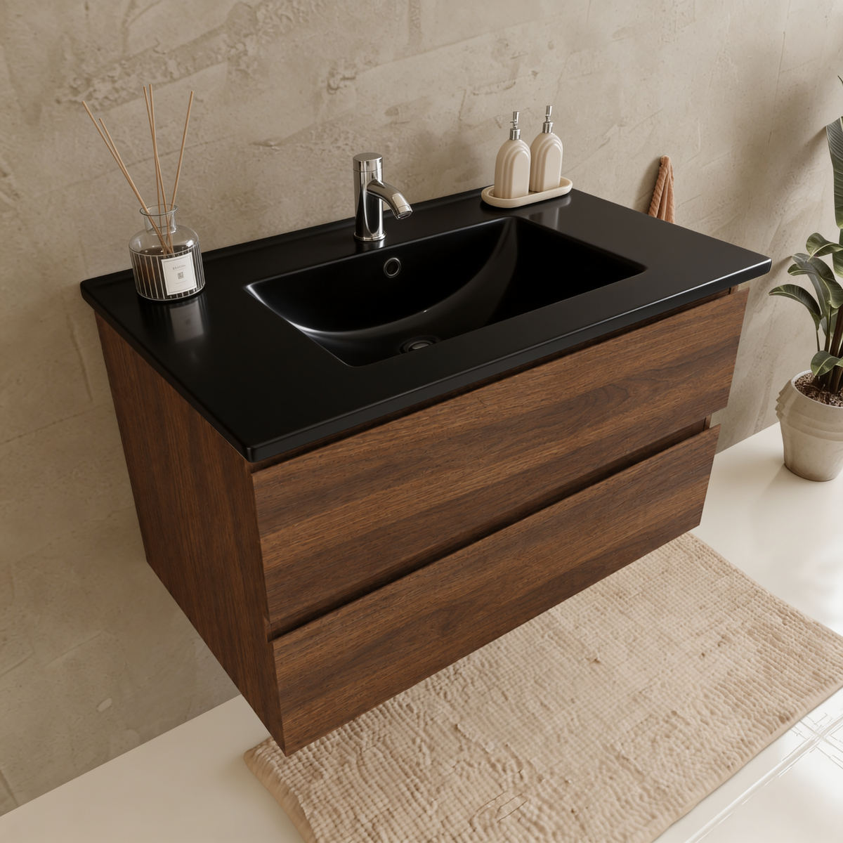 Conjunto de muebles de baño VERONA 80 cm - Con Columna de Baño - Roble Marrón - Lavabo Negro