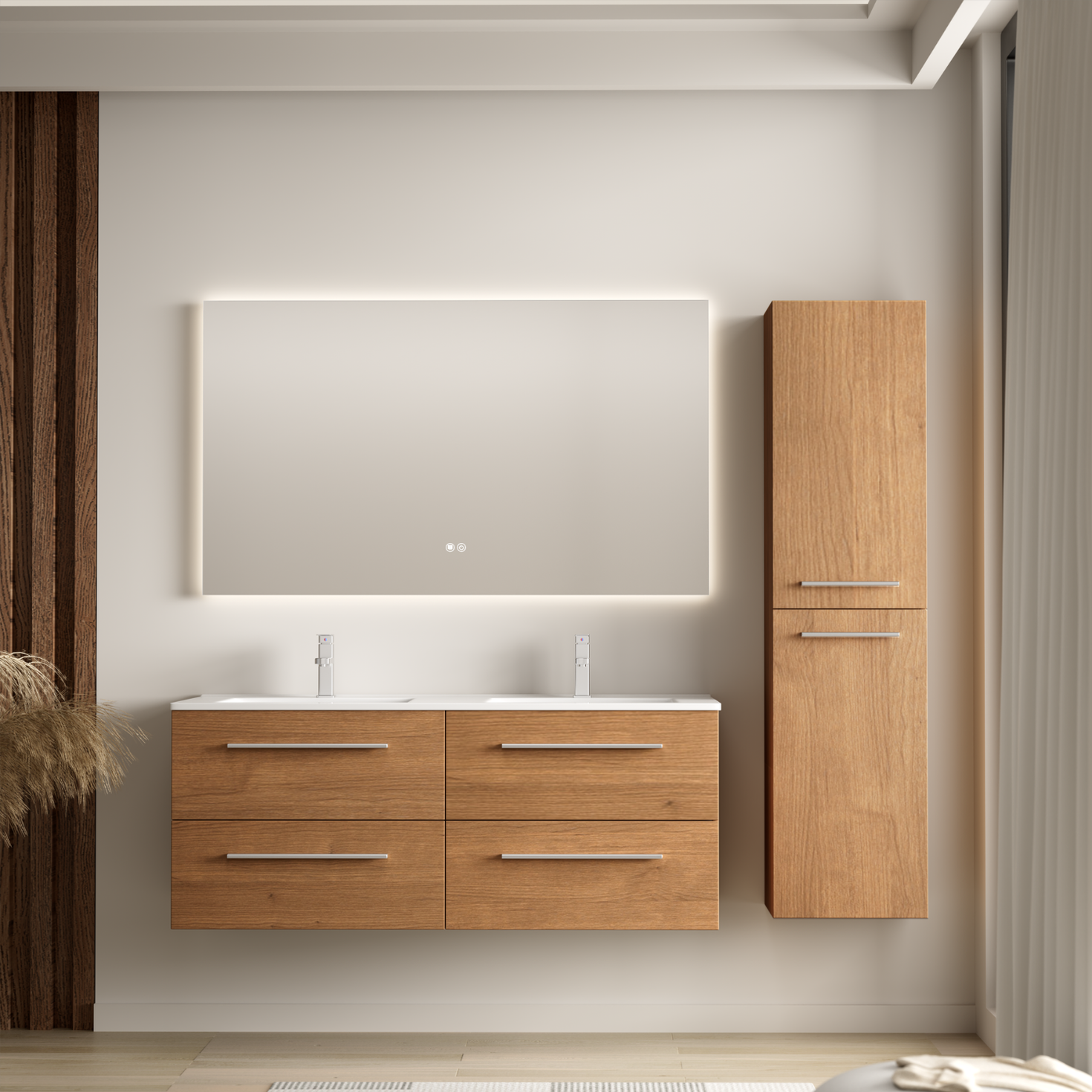 NAVERO Badezimmermöbel-Set 120 cm – Mit Hochschrank – Warmes Eichenholz – Weißes Waschbecken
