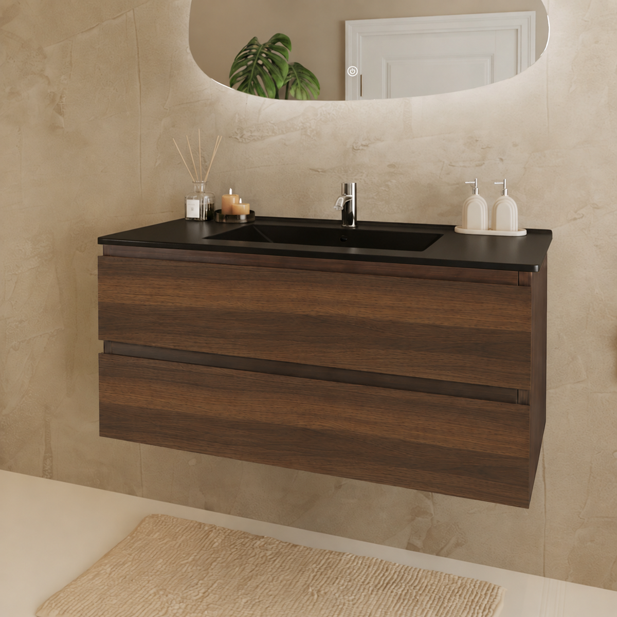 MARENZA Roble Marrón - Lavabo Negro - 100 cm