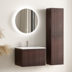 Ensemble meuble de salle de bain ROVANI 60 cm - Noyer - Façade rainurée - Vasque blanche