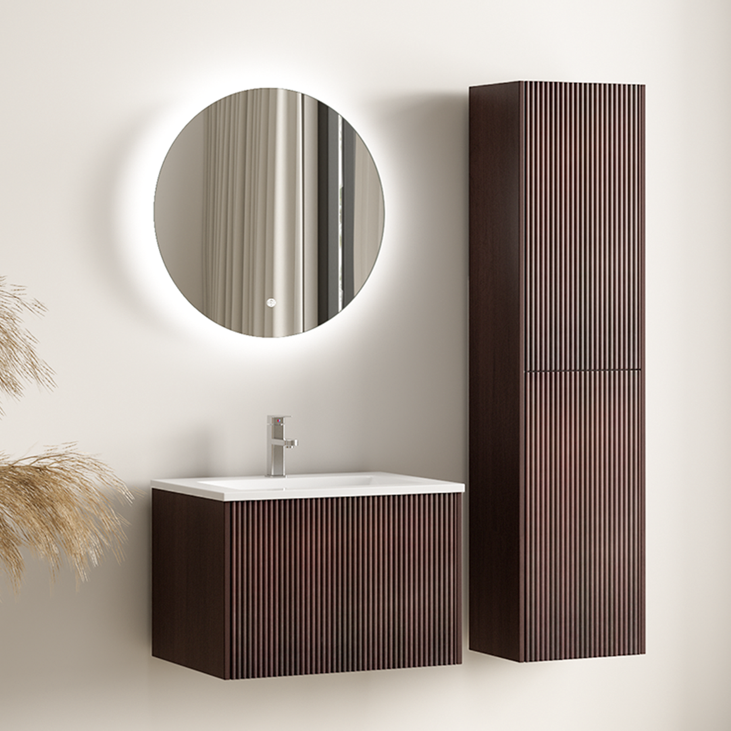 Badmeubelset ROVANI 60cm - Walnoot - Ribbel front - Wastafel Wit