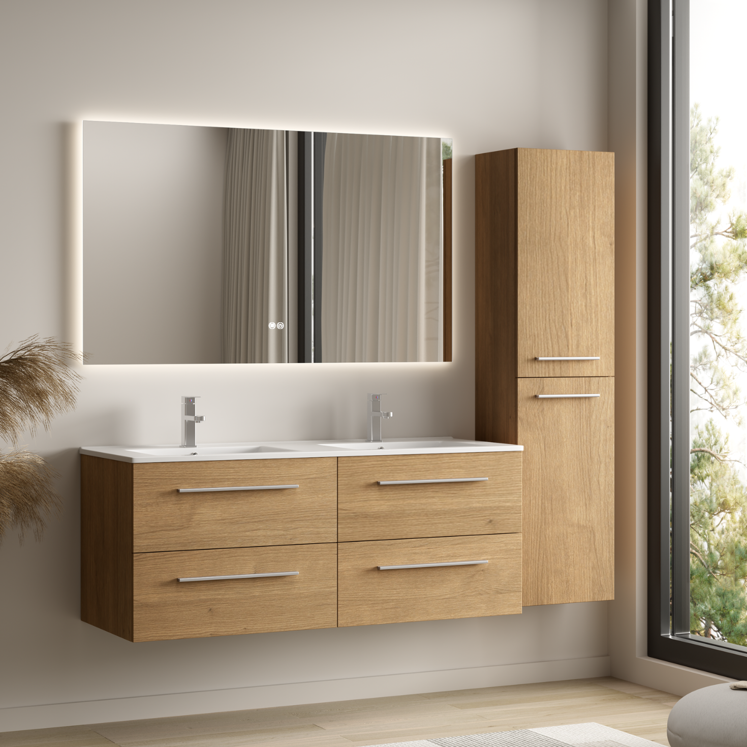 NAVERO Badezimmermöbel-Set 120 cm – Mit Hochschrank – Helles Eichenholz – Weißes Waschbecken
