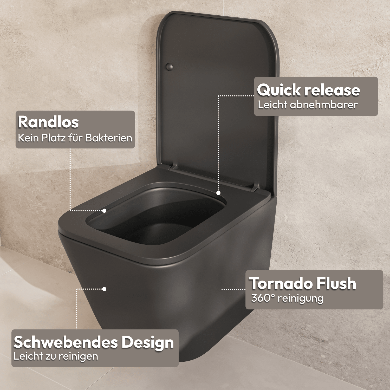 LINEA Hangend Toilet - Zwart - Vierkant - lomazoo.com