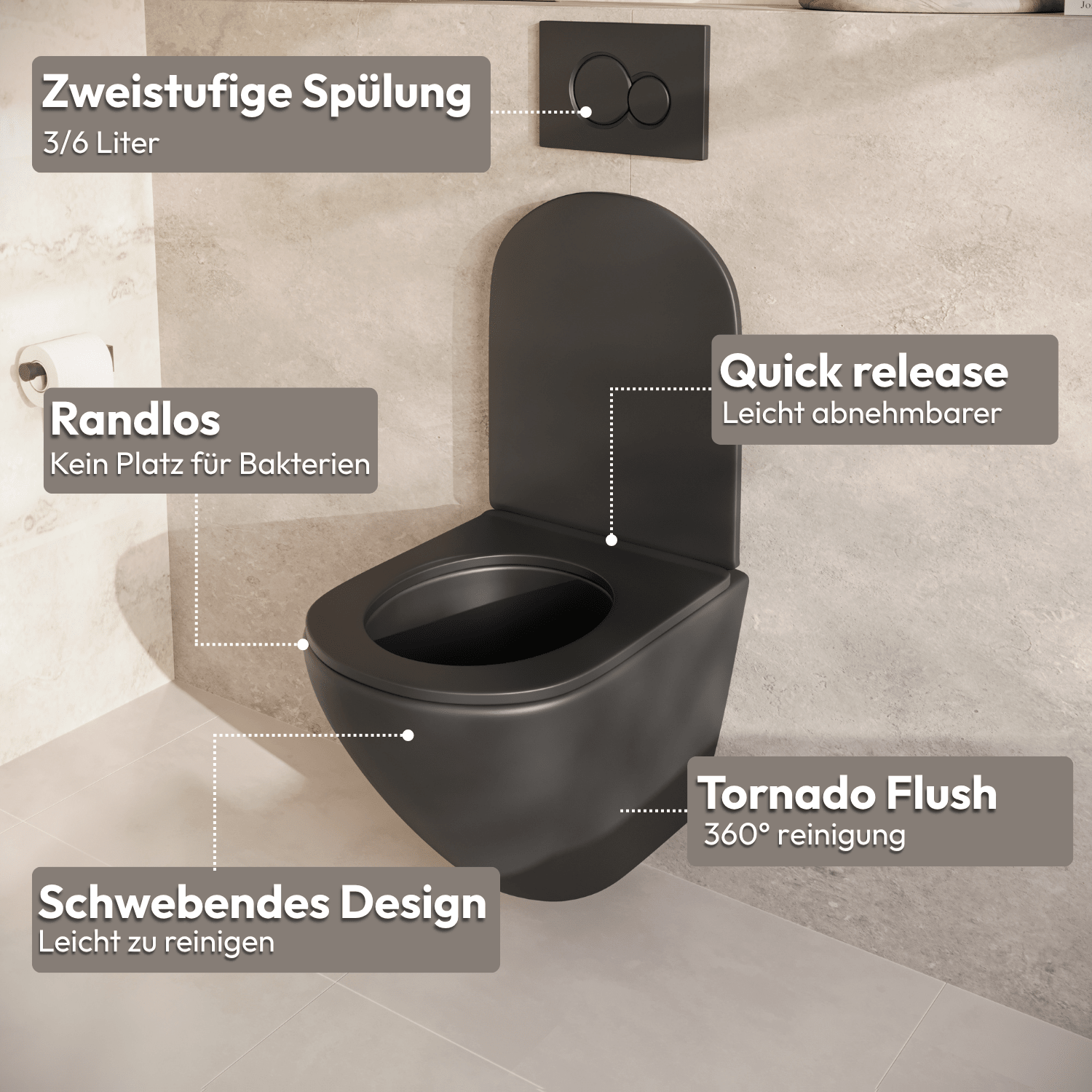 Hangtoilet met Inbouwreservoir - Rond Zwart - Drukplaat Vierkant Chroom - Linea - lomazoo.com