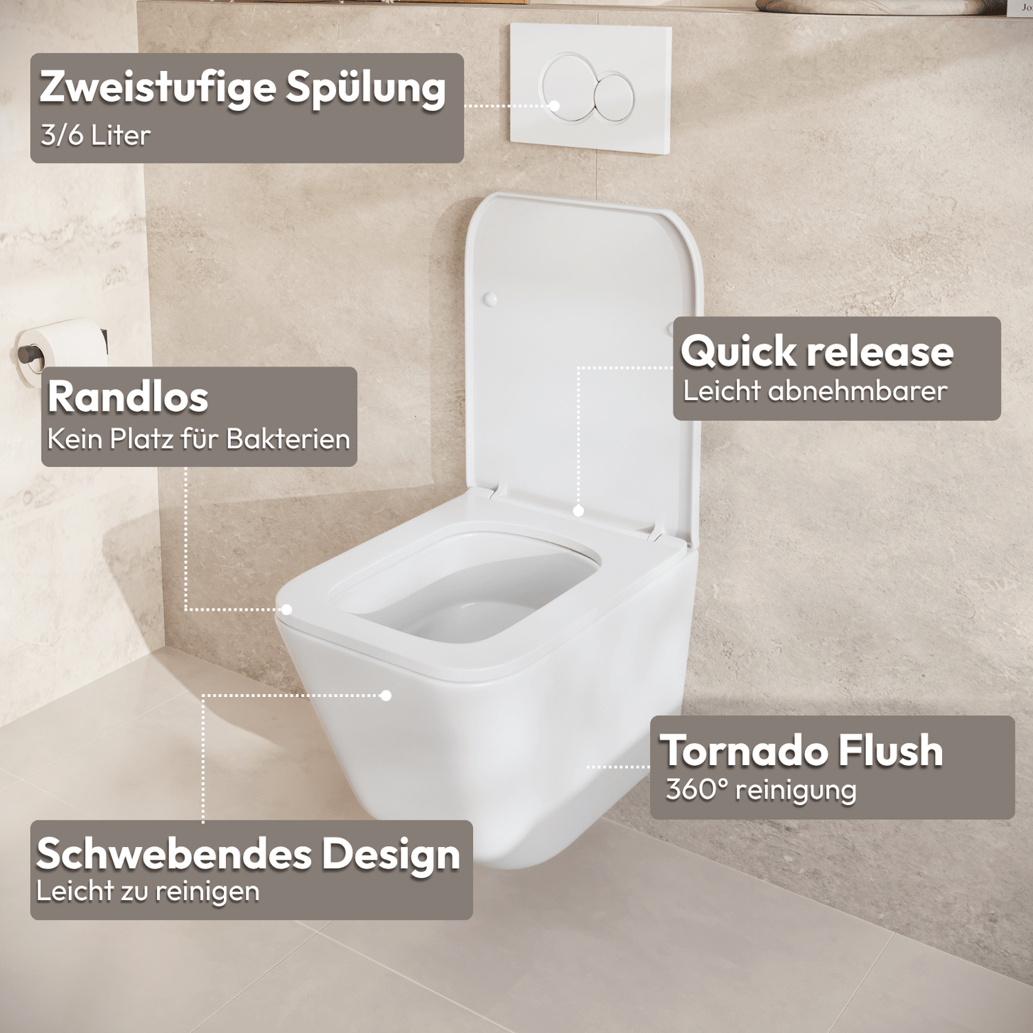 Hangtoilet met Inbouwreservoir - Vierkant Wit - Drukplaat Vierkant Zwart - Linea - lomazoo.com