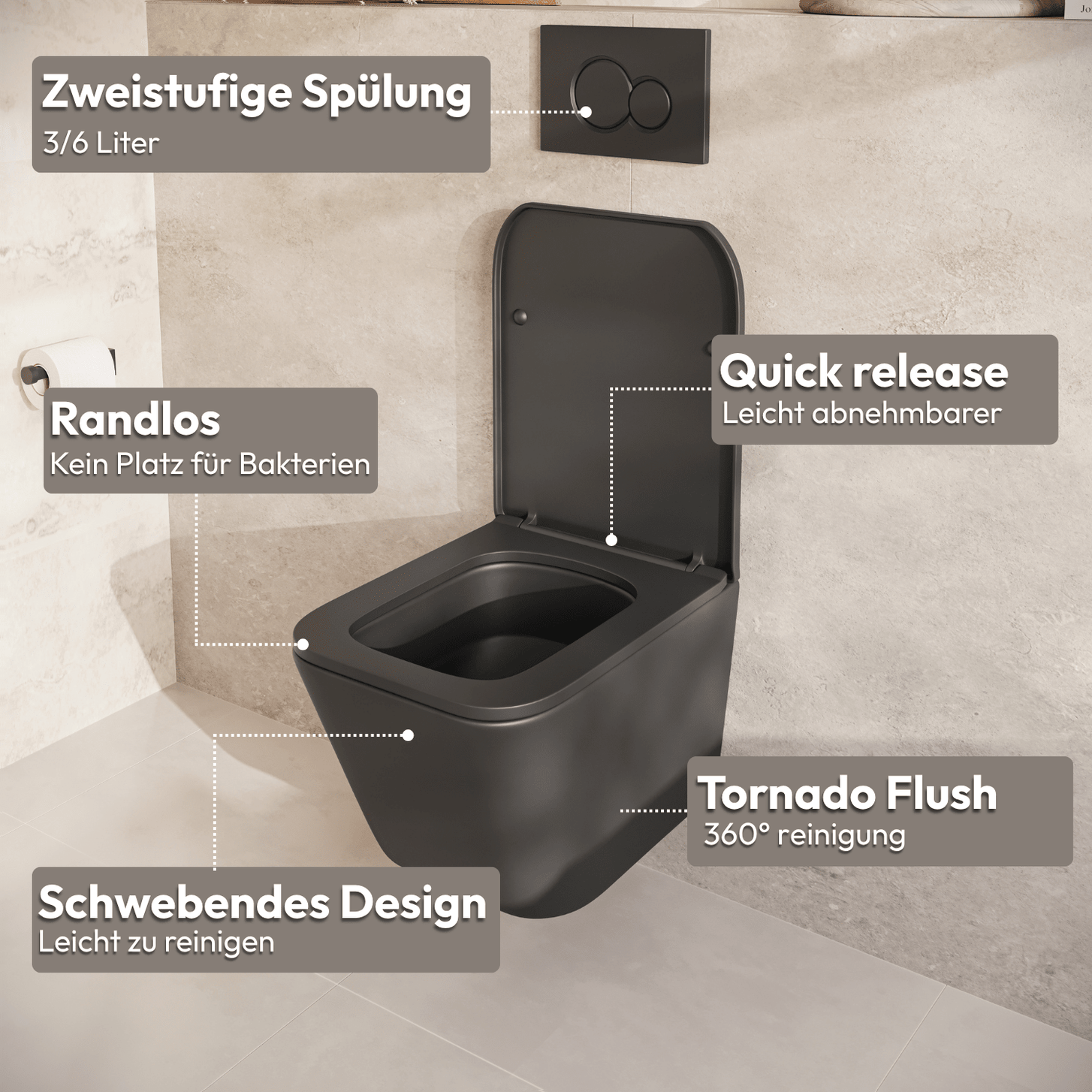 Hangtoilet met Inbouwreservoir - Vierkant Zwart - Drukplaat Rond Goud - Linea - lomazoo.com