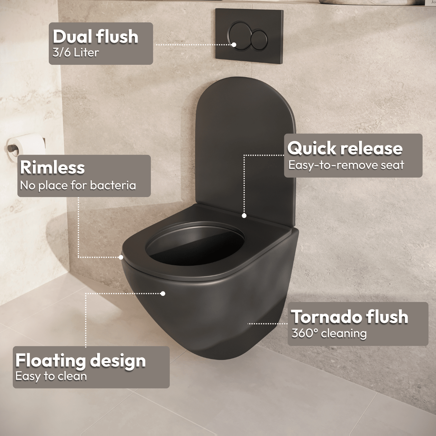 Hangtoilet met Inbouwreservoir - Rond Zwart - Drukplaat Vierkant Gunmetal - Linea - lomazoo.com