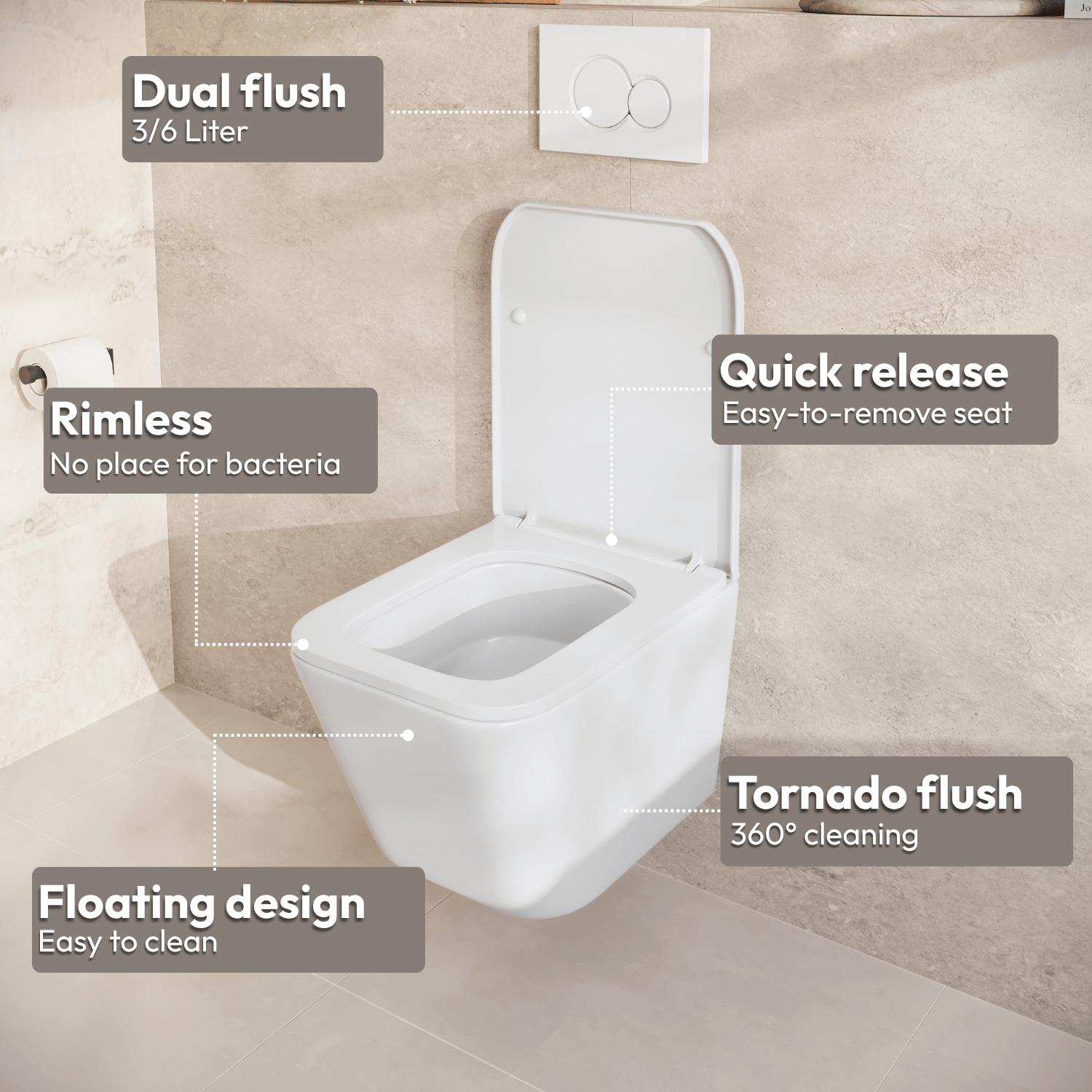 Hangtoilet met Inbouwreservoir - Vierkant Wit - Drukplaat Rond Zwart - Linea - lomazoo.com