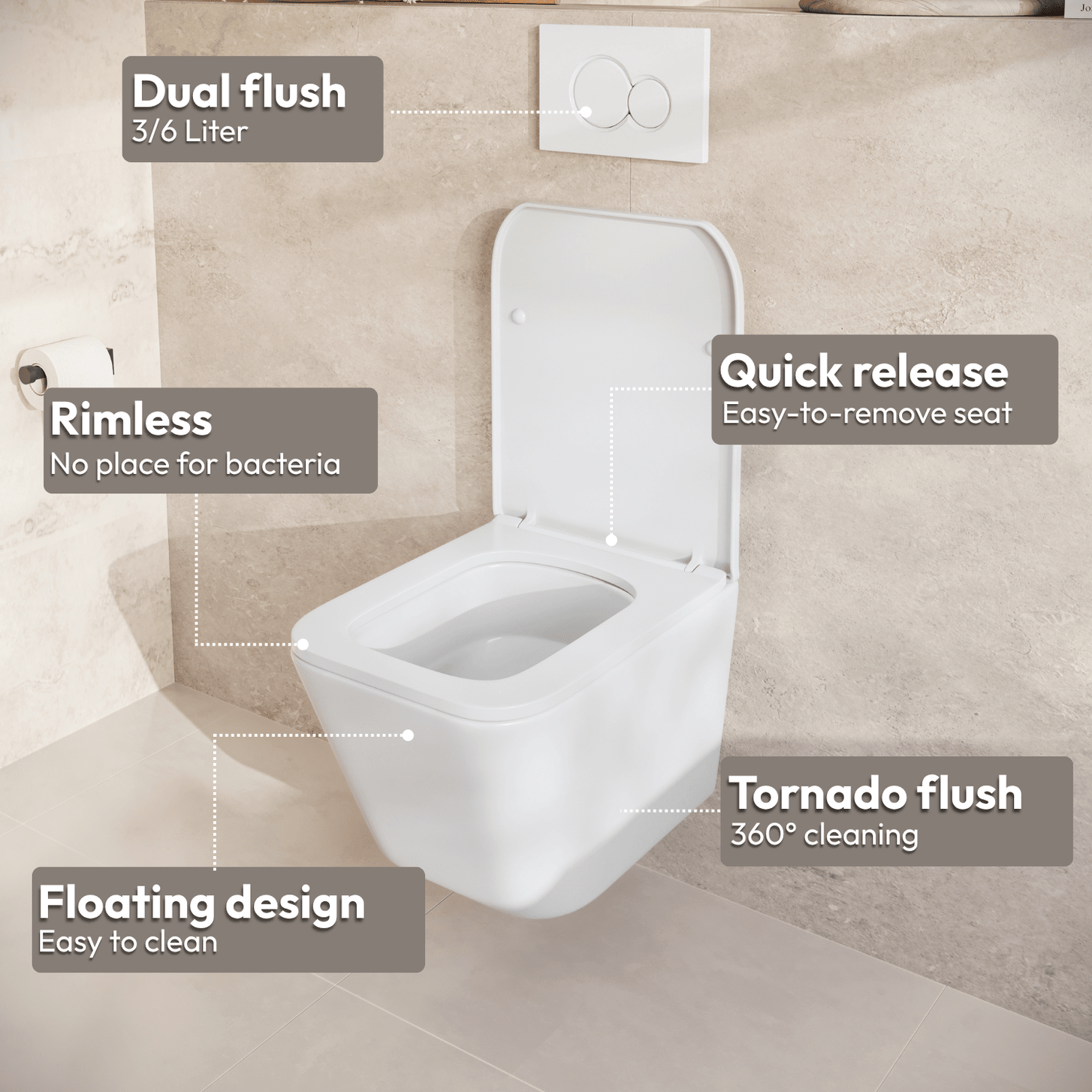 Hangtoilet met Inbouwreservoir - Vierkant Wit - Drukplaat Rond Gunmetal - Linea - lomazoo.com
