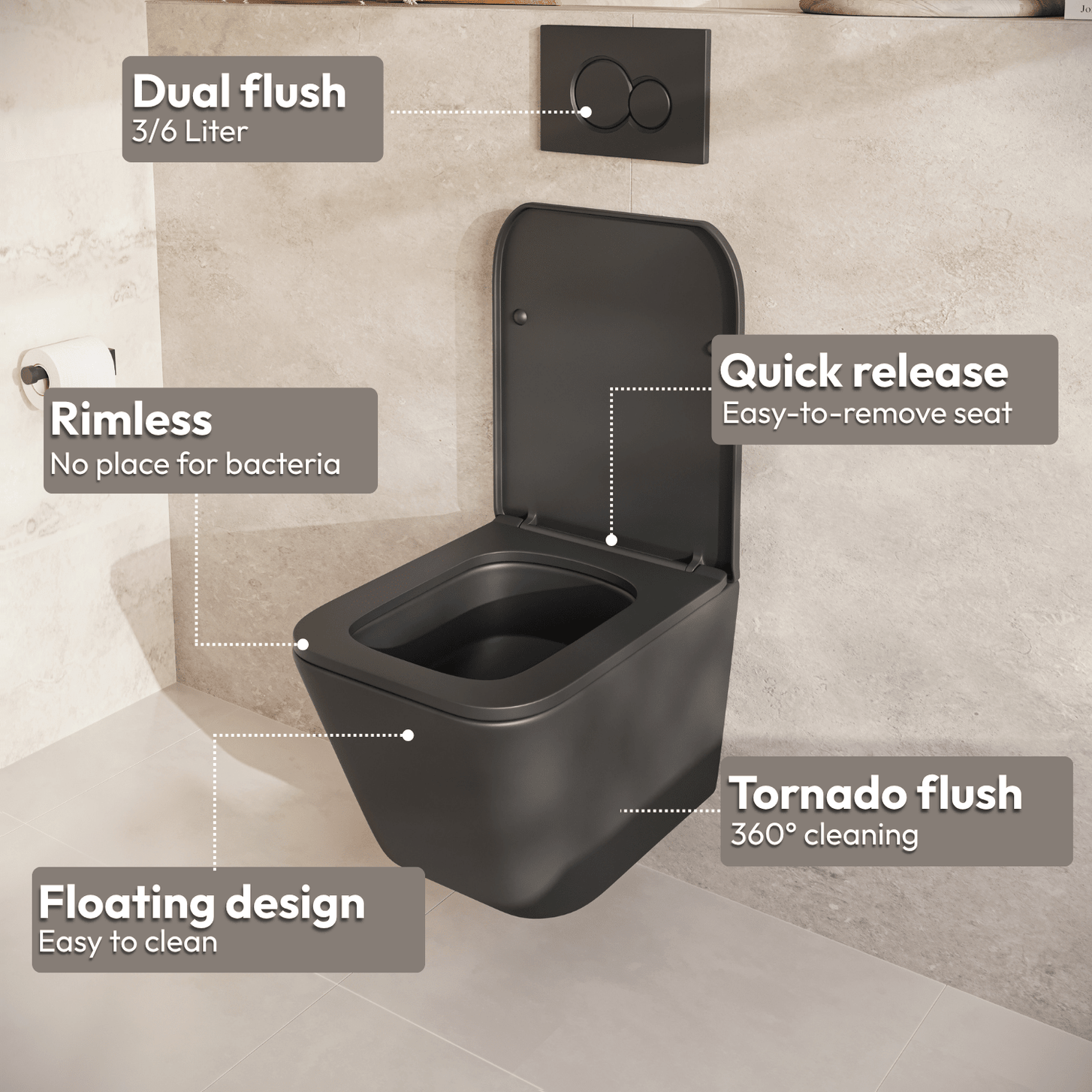 Hangtoilet met Inbouwreservoir - Vierkant Zwart - Drukplaat Rond Goud - Linea - lomazoo.com