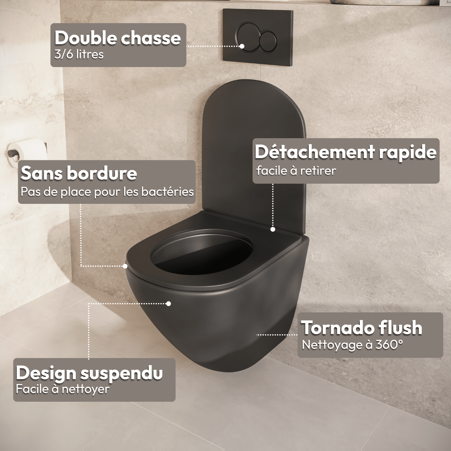 Hangtoilet met Inbouwreservoir - Rond Zwart - Drukplaat Rond Zwart - Linea - lomazoo.com