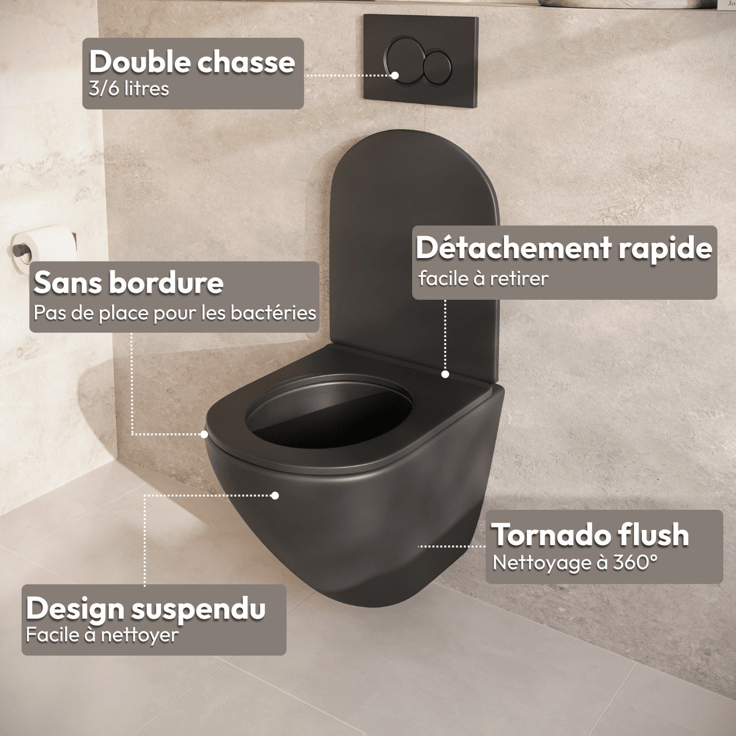 Hangtoilet met Inbouwreservoir - Rond Zwart - Drukplaat Rond Chroom - Linea - lomazoo.com