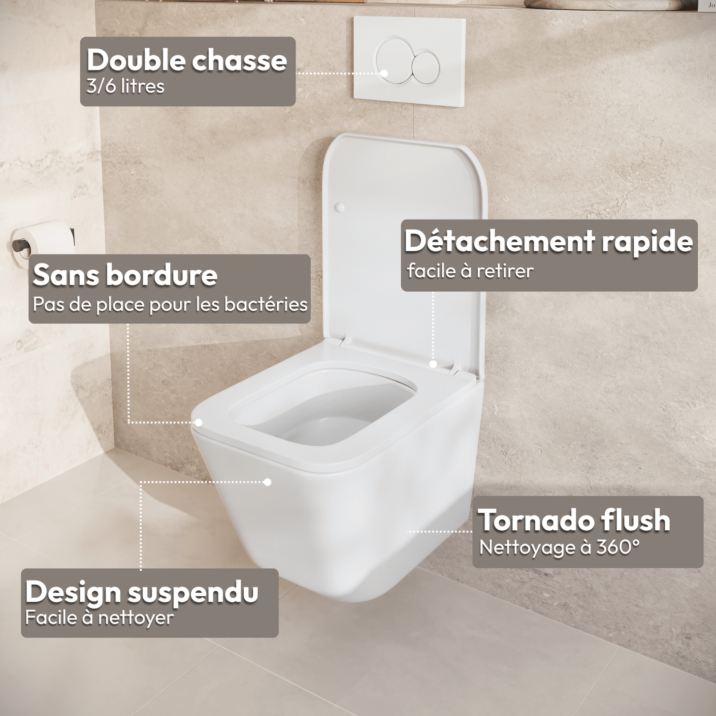 Hangtoilet met Inbouwreservoir - Vierkant Wit - Drukplaat Rond Zwart - Linea - lomazoo.com