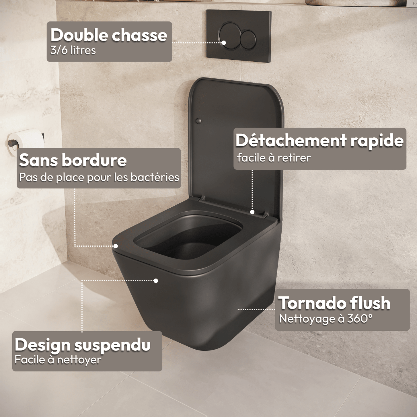 Hangtoilet met Inbouwreservoir - Vierkant Zwart - Drukplaat Rond Chroom - Linea - lomazoo.com