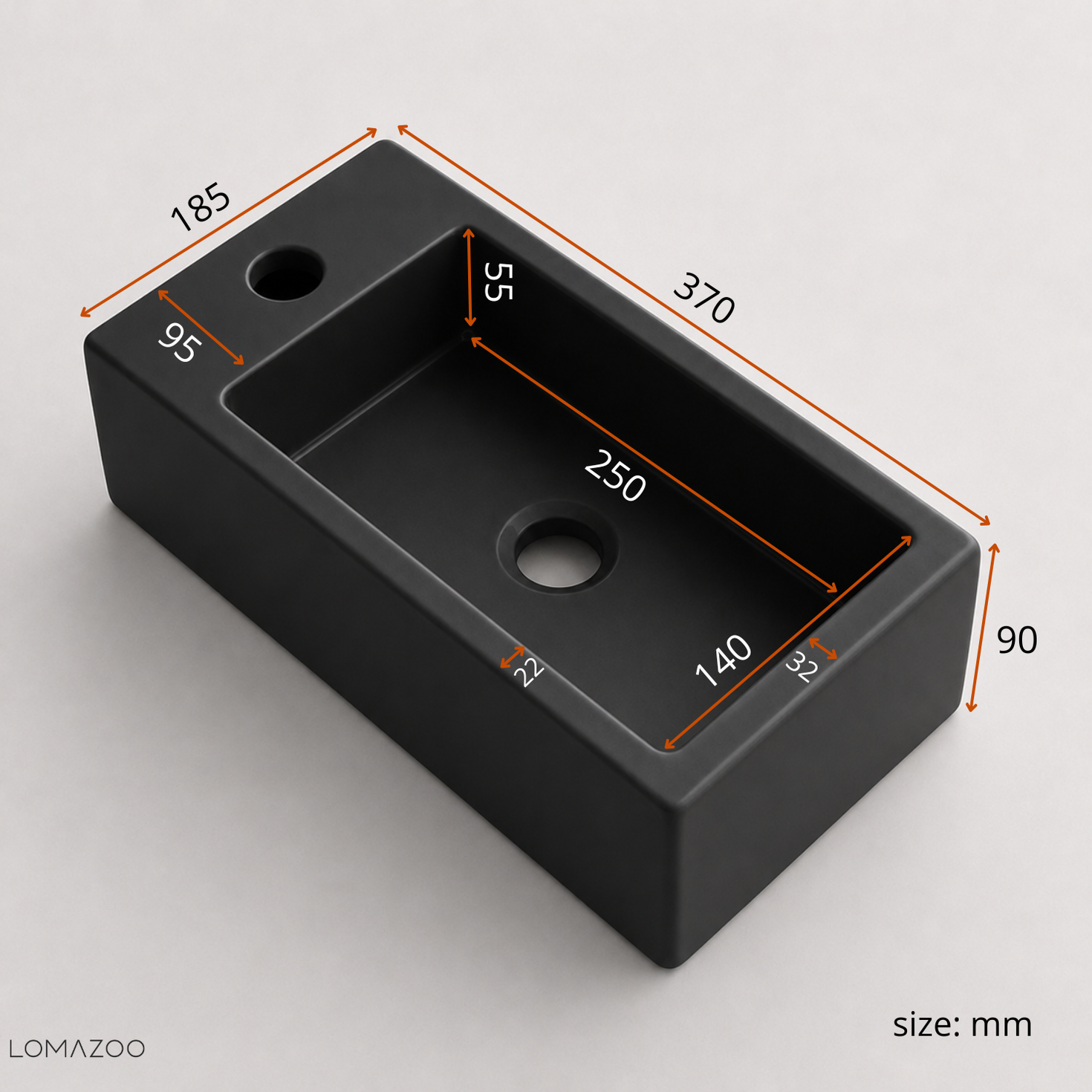 Robinet lave-mains noir - trou de robinet à gauche