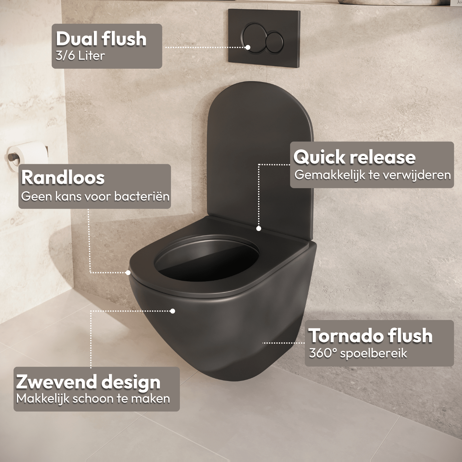 Hangtoilet met Inbouwreservoir - Rond Zwart - Drukplaat Rond Chroom - Linea - lomazoo.com