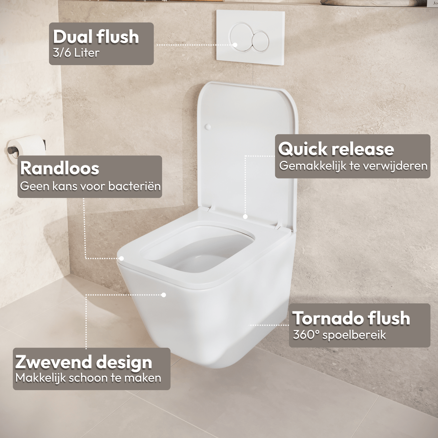 Hangtoilet met Inbouwreservoir - Vierkant Wit - Drukplaat Rond Zwart - Linea - lomazoo.com