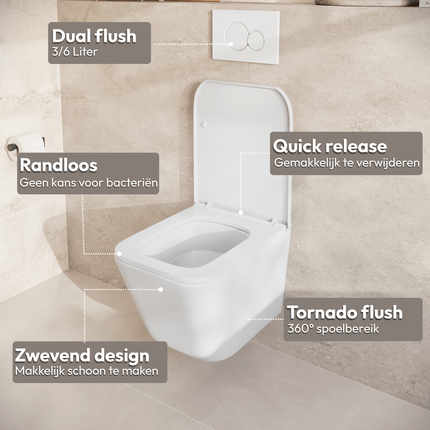 Hangtoilet met Inbouwreservoir - Vierkant Wit - Drukplaat Vierkant Zwart - Linea - lomazoo.com