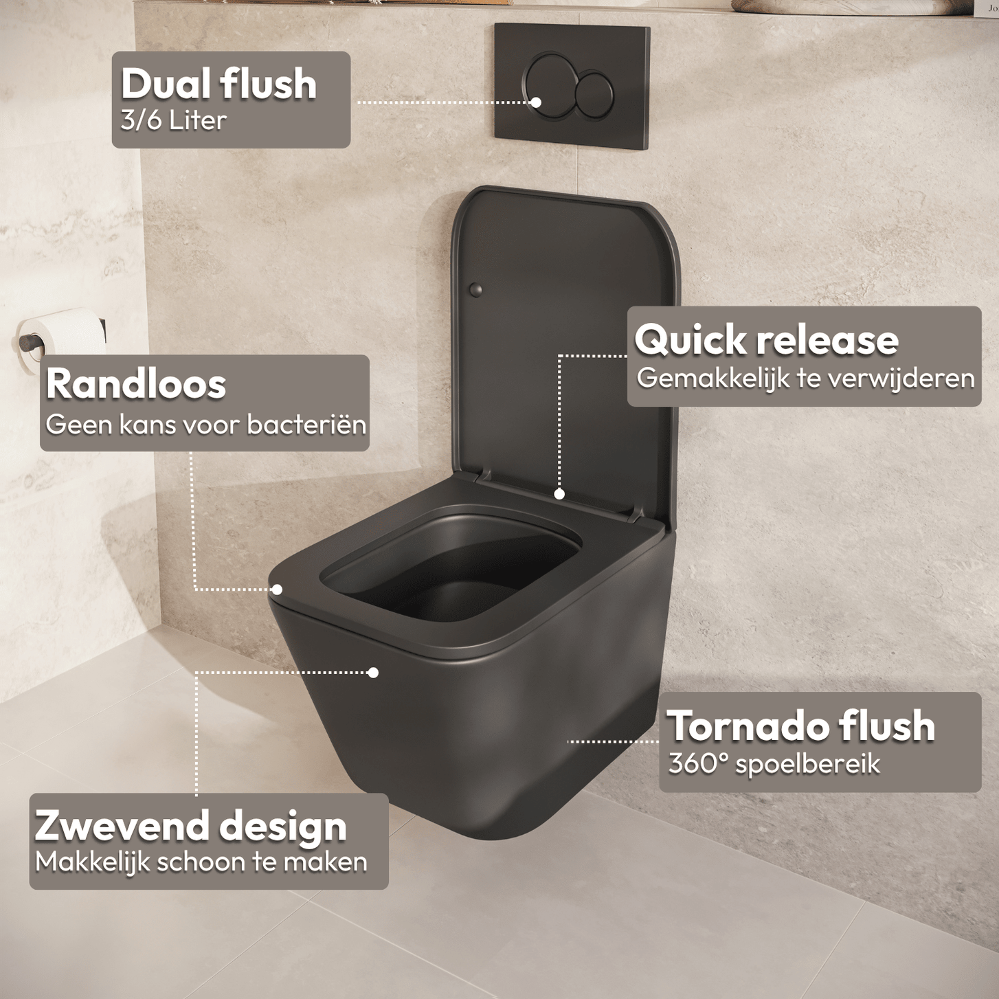 Hangtoilet met Inbouwreservoir - Vierkant Zwart - Drukplaat Vierkant Chroom - Linea - lomazoo.com
