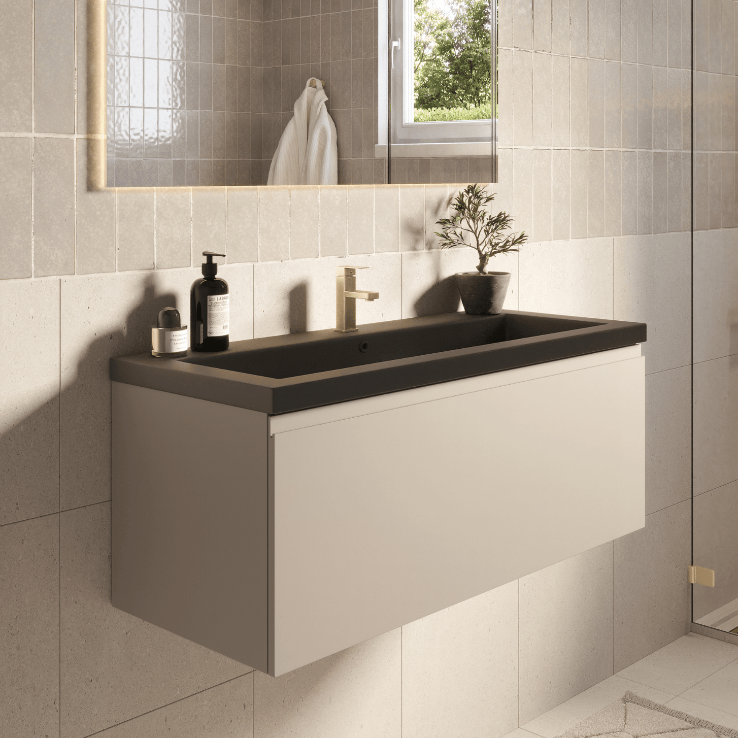 Badmeubelset SORRENTO 100cm - Met Kolomkast - Greige - Wastafel Zwart - lomazoo.com