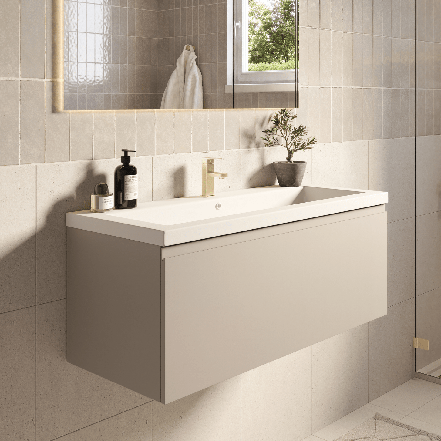 Badmeubelset SORRENTO 100cm - Met Kolomkast - Greige - Wastafel Wit - lomazoo.com