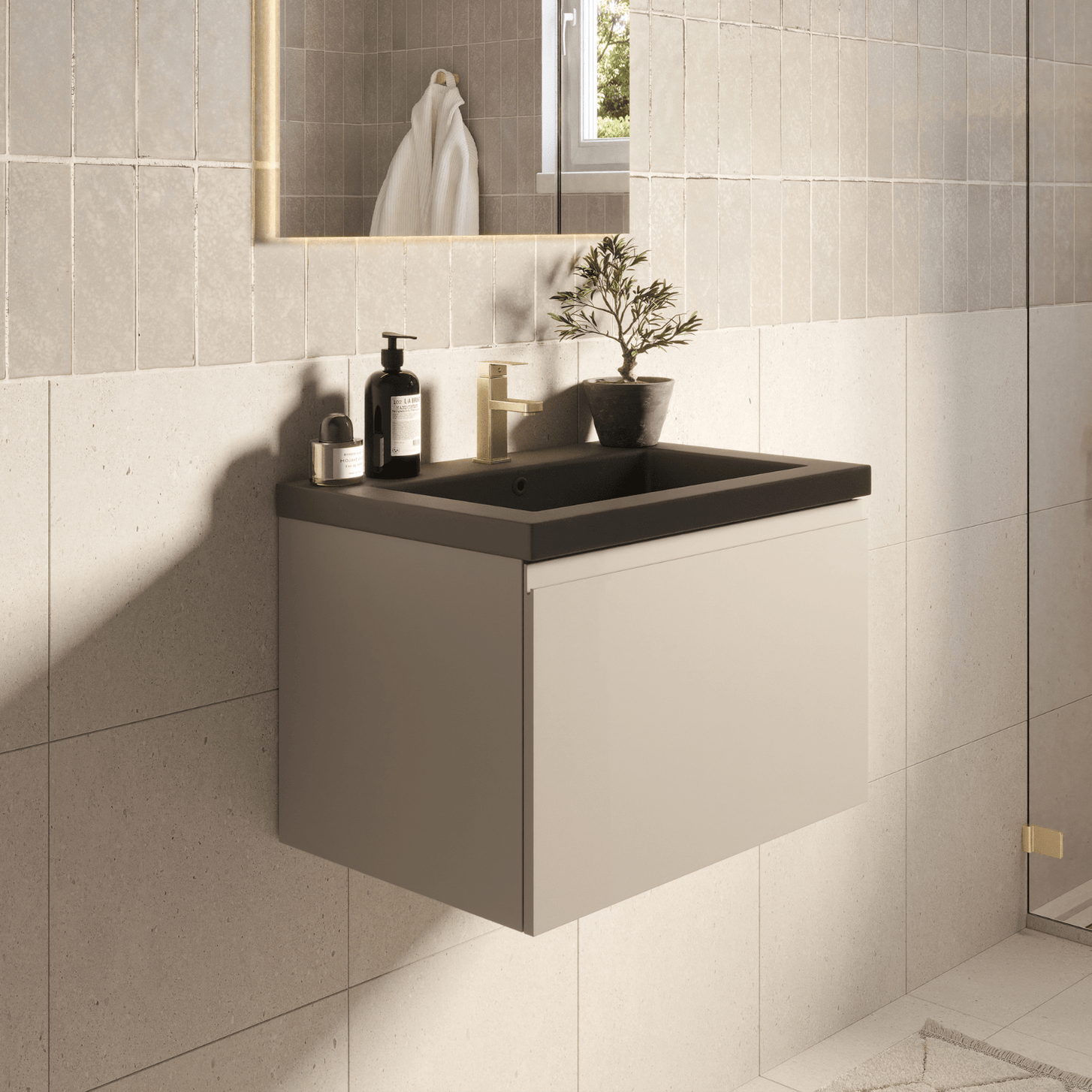 Badmeubelset SORRENTO 60cm - Met Kolomkast - Greige - Wastafel Zwart - lomazoo.com