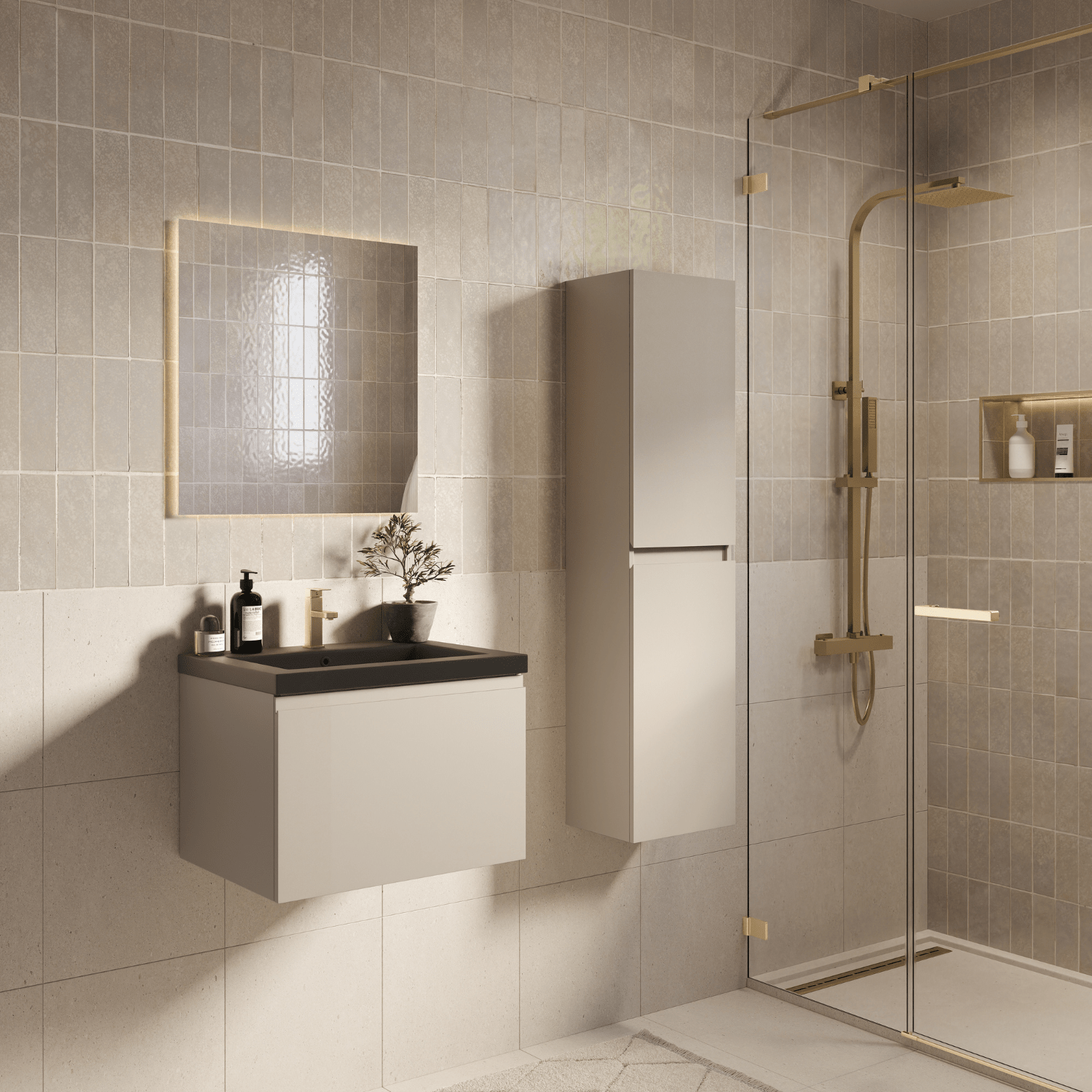 Badmeubelset SORRENTO 60cm - Met Kolomkast - Greige - Wastafel Zwart - lomazoo.com