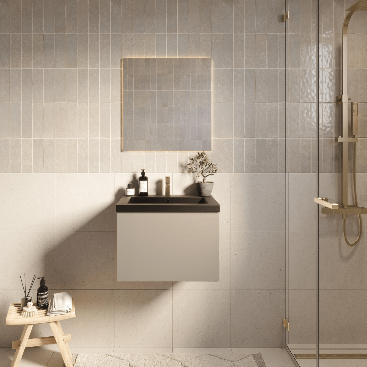 Badmeubelset SORRENTO 60cm - Met Kolomkast - Greige - Wastafel Zwart - lomazoo.com