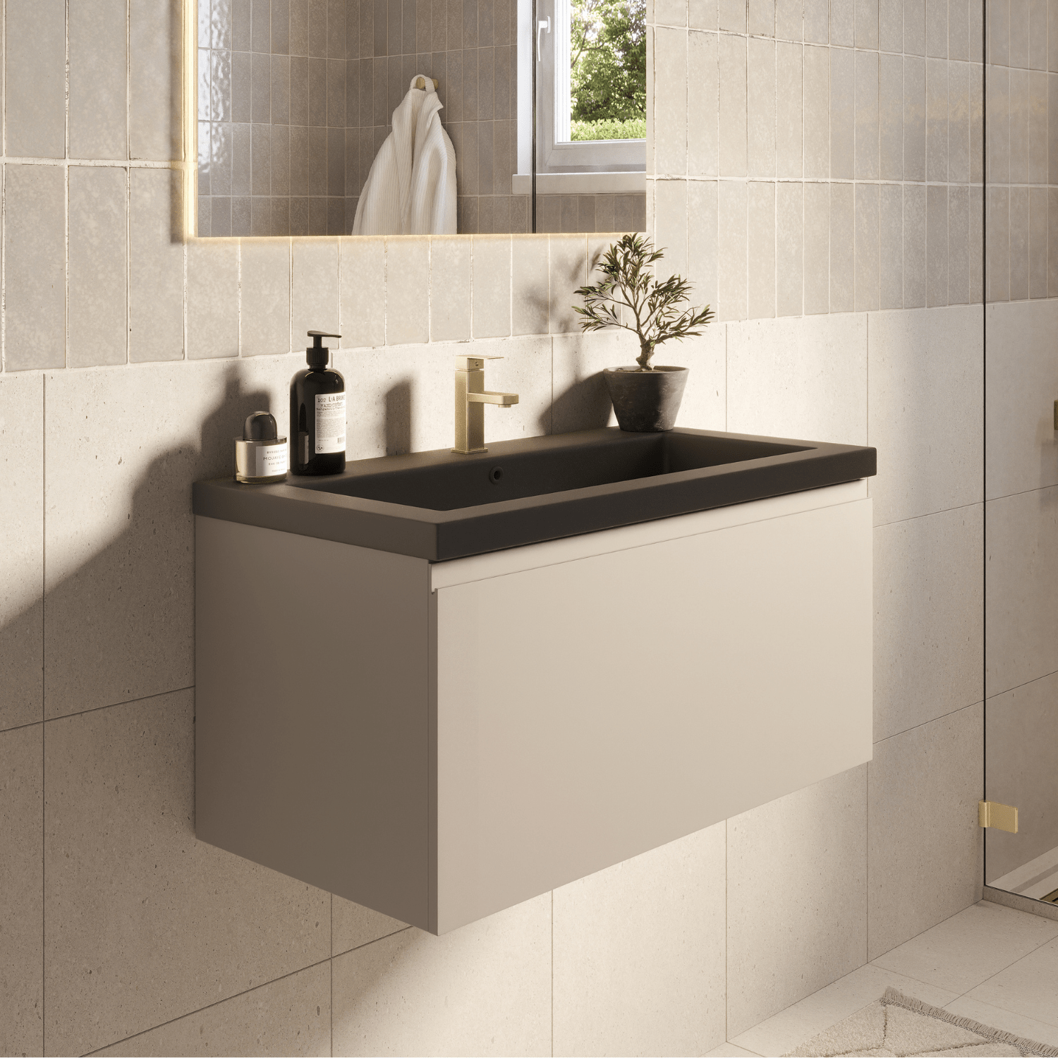 Badmeubelset SORRENTO 80cm - Met Kolomkast - Greige - Wastafel Zwart - lomazoo.com