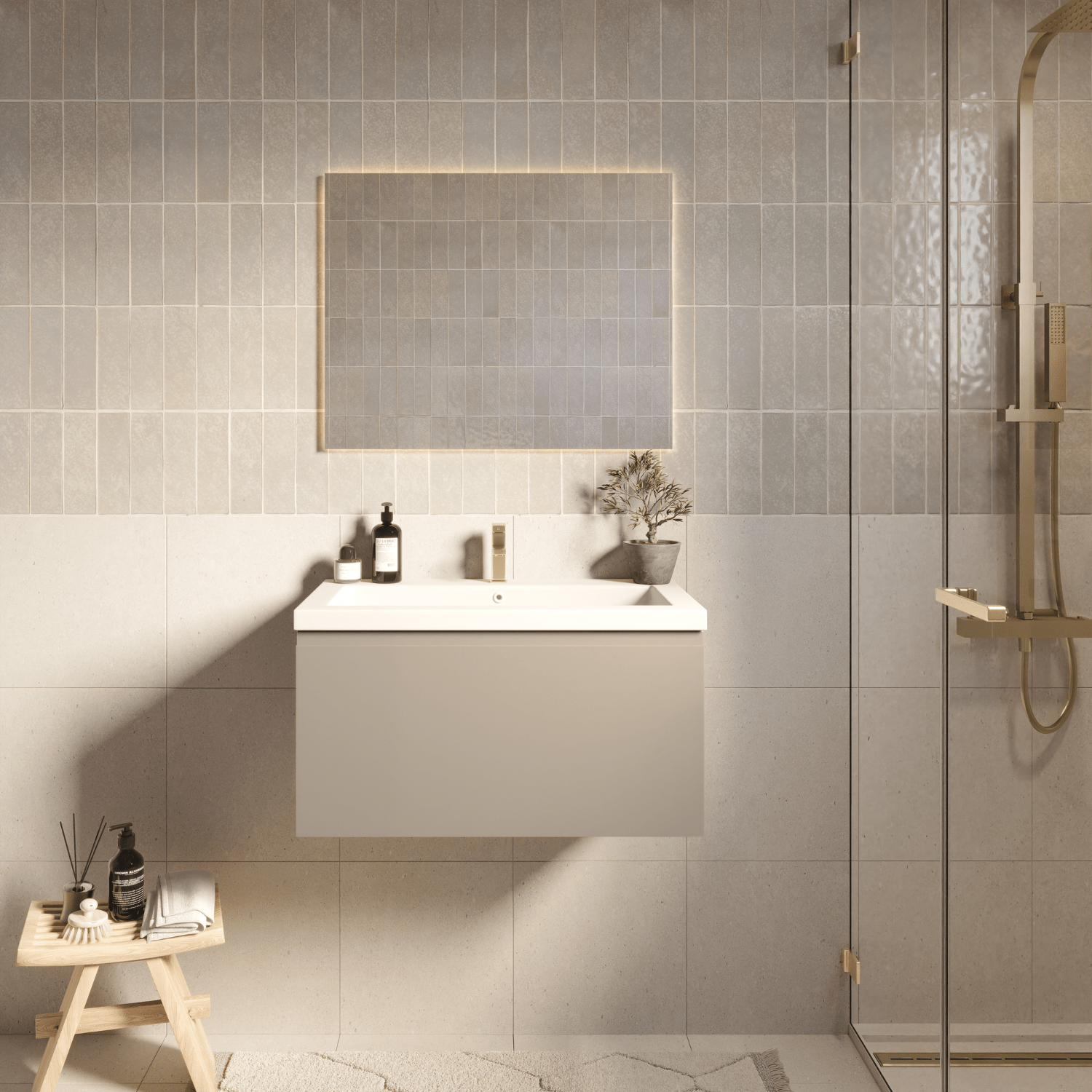 Badmeubelset SORRENTO 80cm - Met Kolomkast - Greige - Wastafel Wit - lomazoo.com