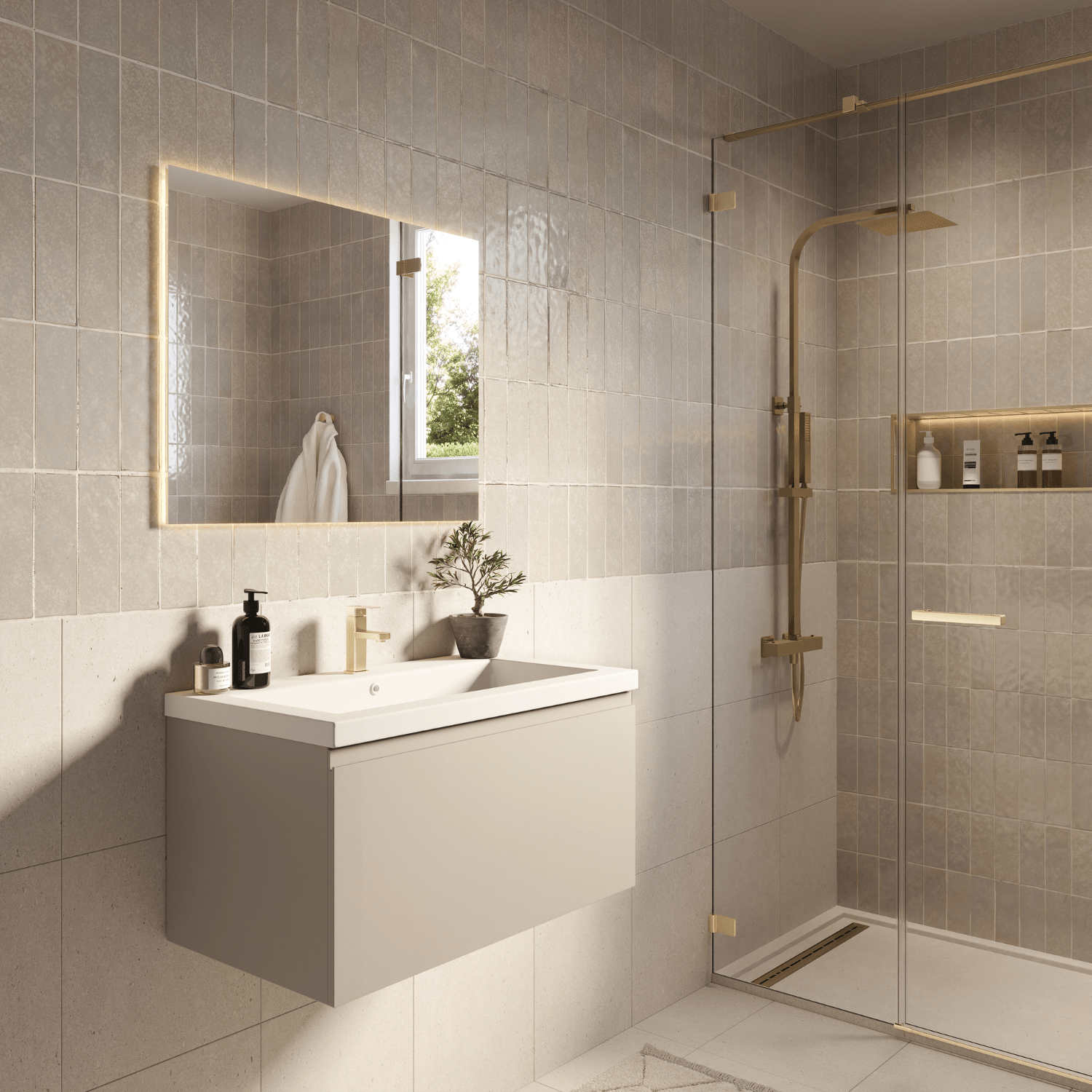 Badmeubelset SORRENTO 80cm - Met Kolomkast - Greige - Wastafel Wit - lomazoo.com