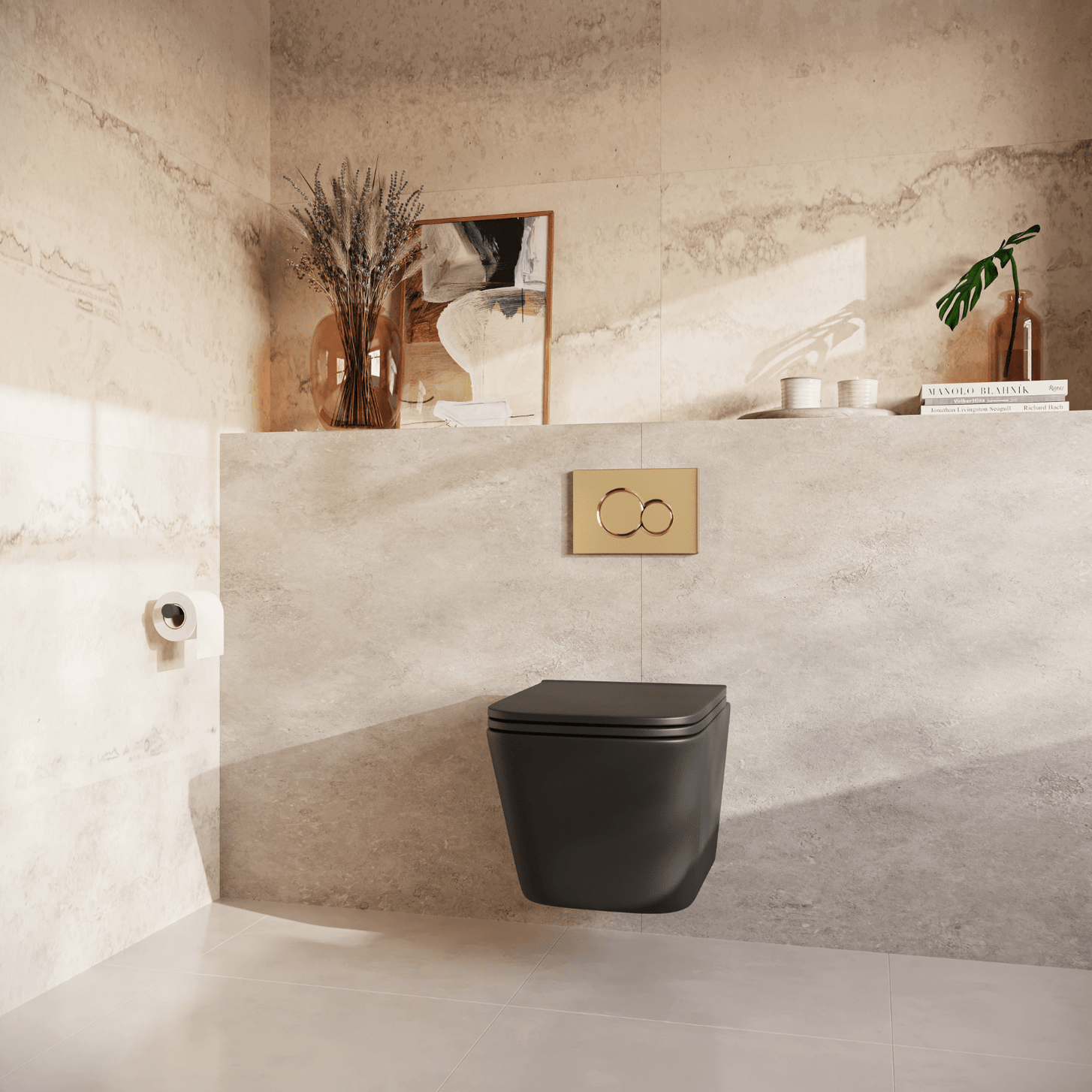 Hangtoilet met Inbouwreservoir - Vierkant Zwart - Drukplaat Rond Goud - Linea - lomazoo.com