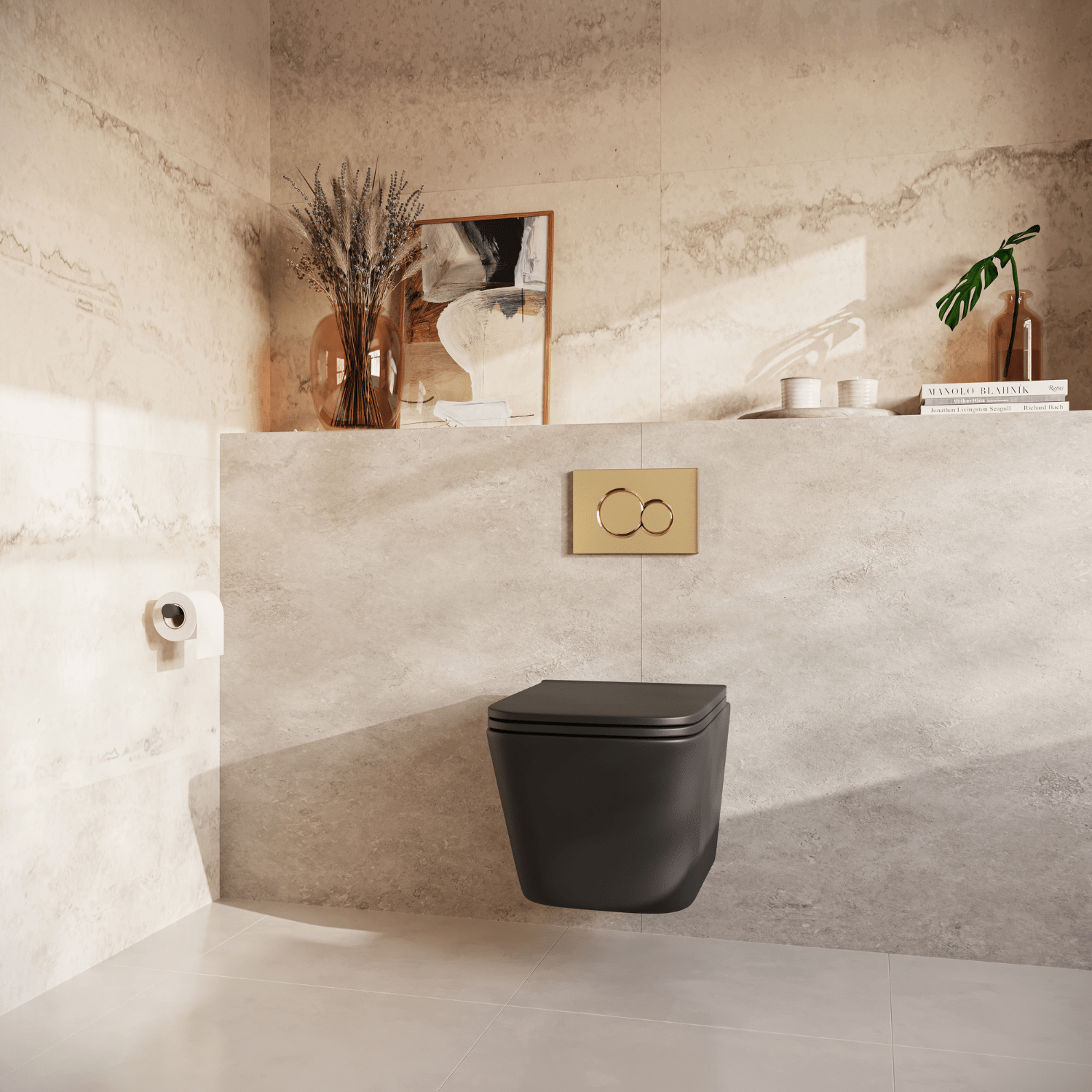 Hangtoilet met Inbouwreservoir - Vierkant Zwart - Drukplaat Rond Goud - Linea - lomazoo.com