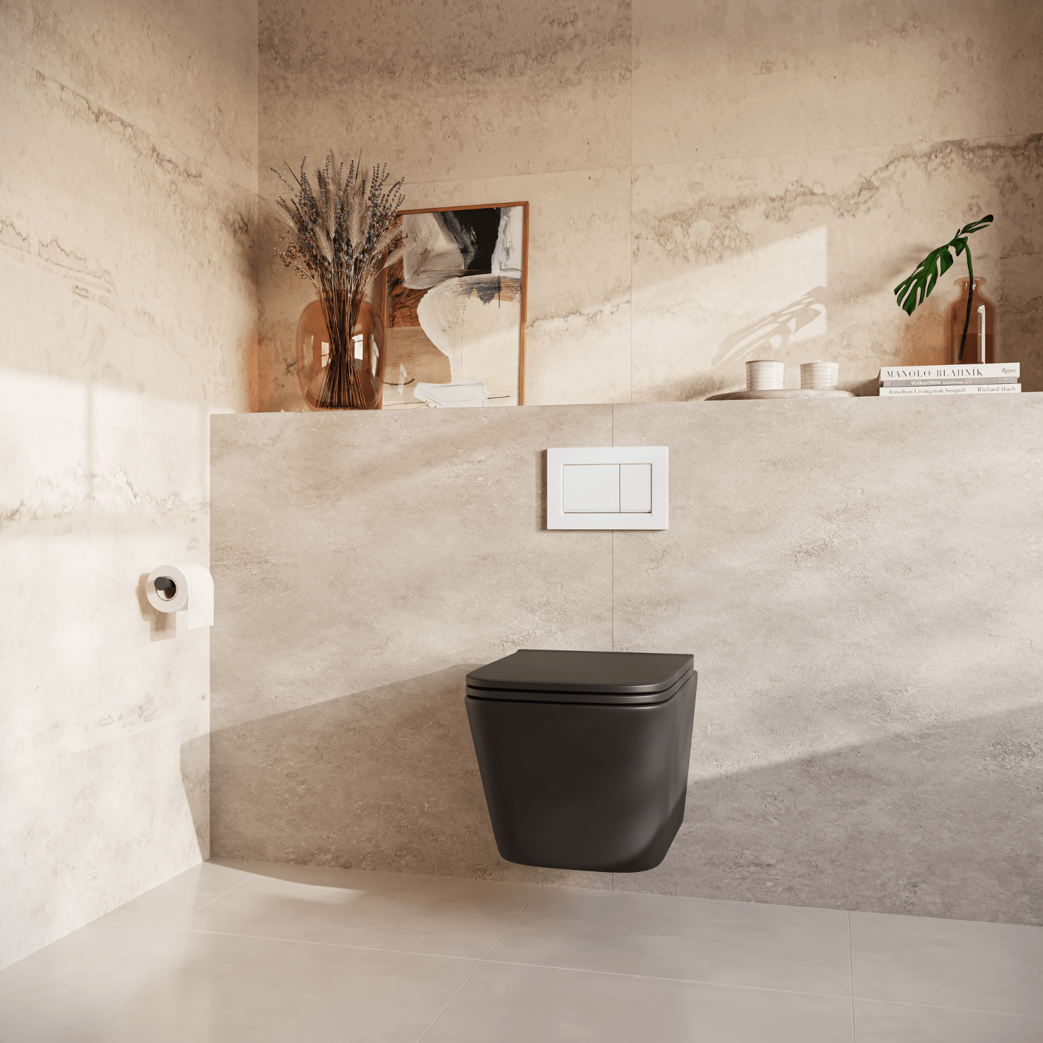 Hangtoilet met Inbouwreservoir - Vierkant Zwart - Drukplaat Vierkant Wit - Linea - lomazoo.com