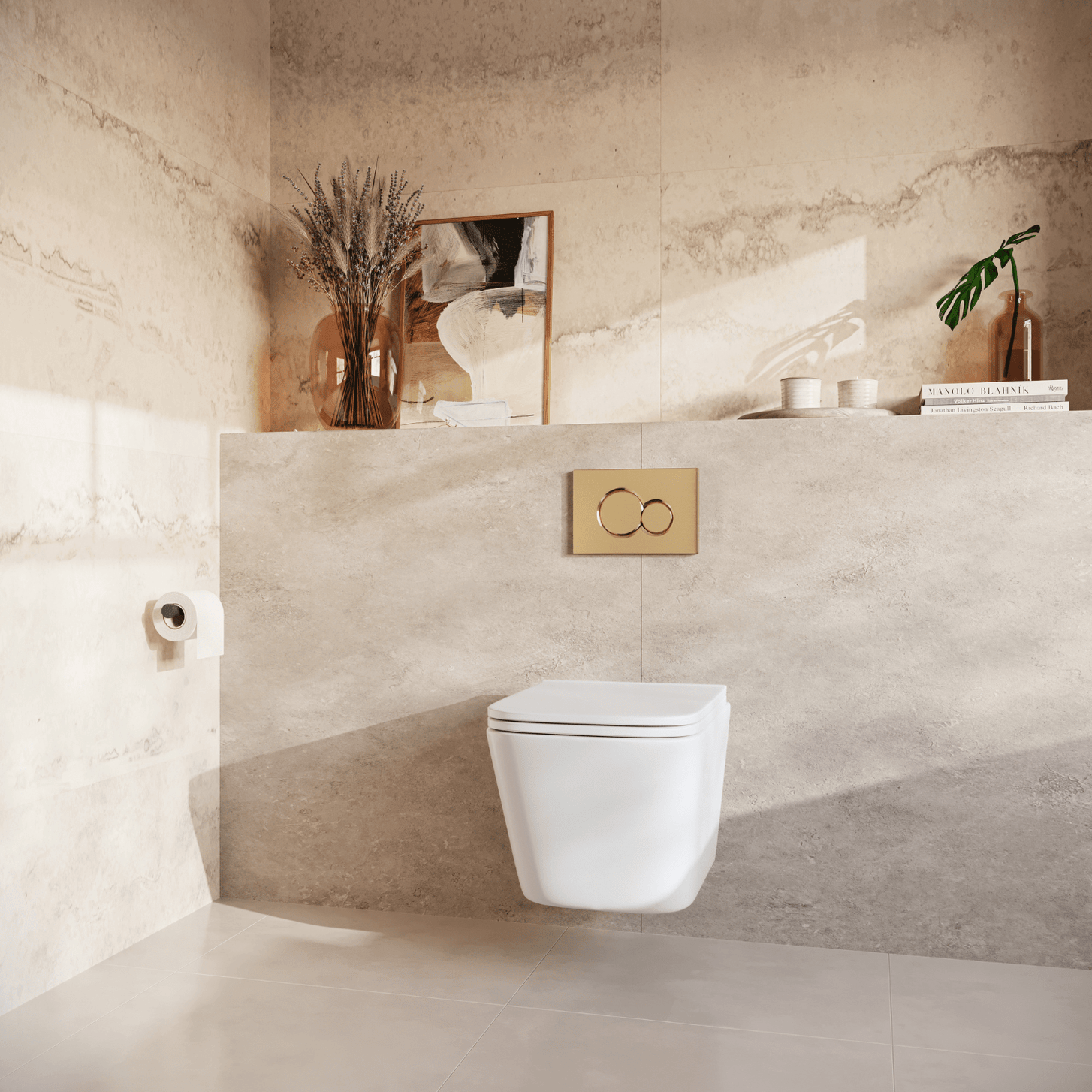 Hangtoilet met Inbouwreservoir - Vierkant Wit - Drukplaat Rond Goud - Linea - lomazoo.com