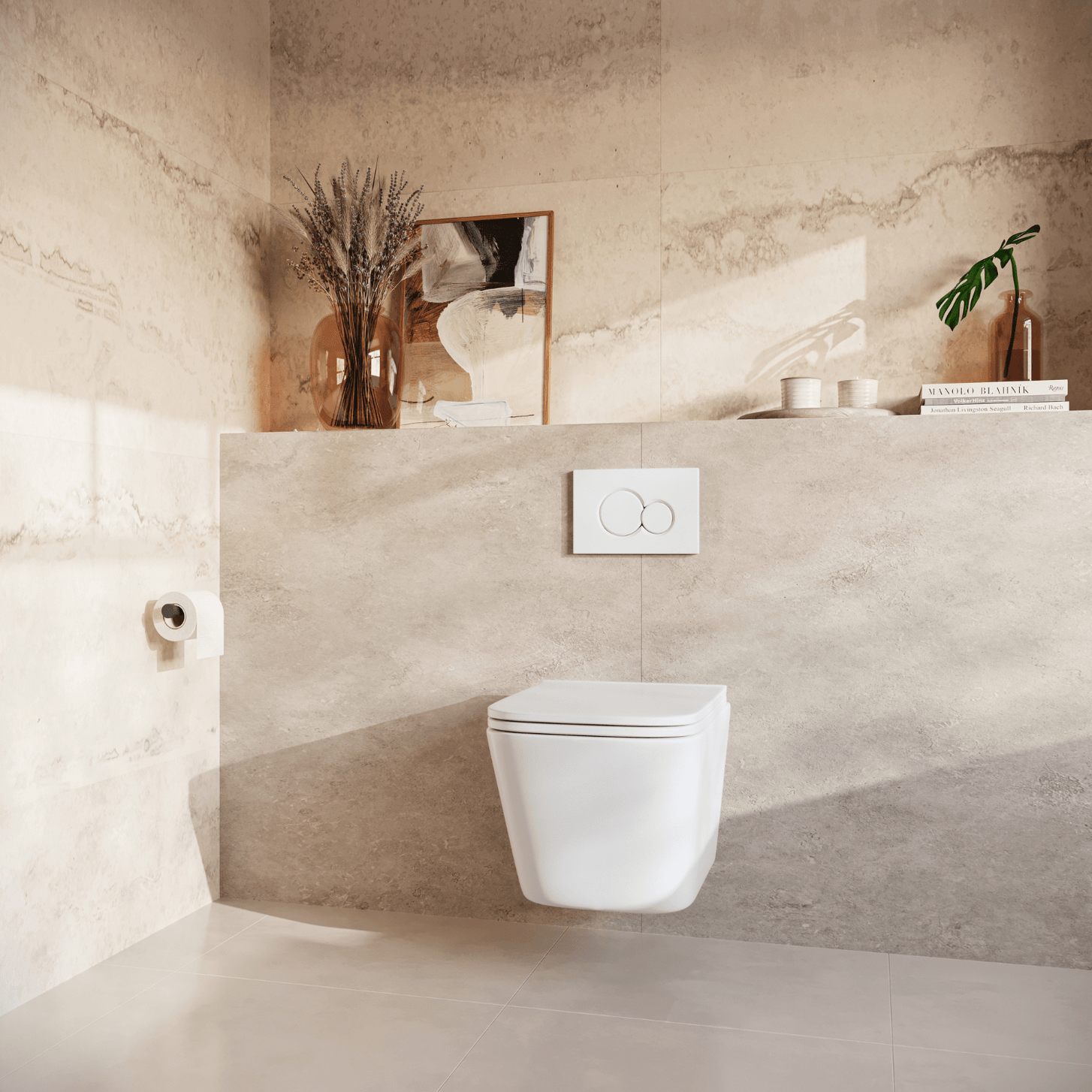 Hangtoilet met Inbouwreservoir - Vierkant Wit - Drukplaat Rond Wit - Linea - lomazoo.com