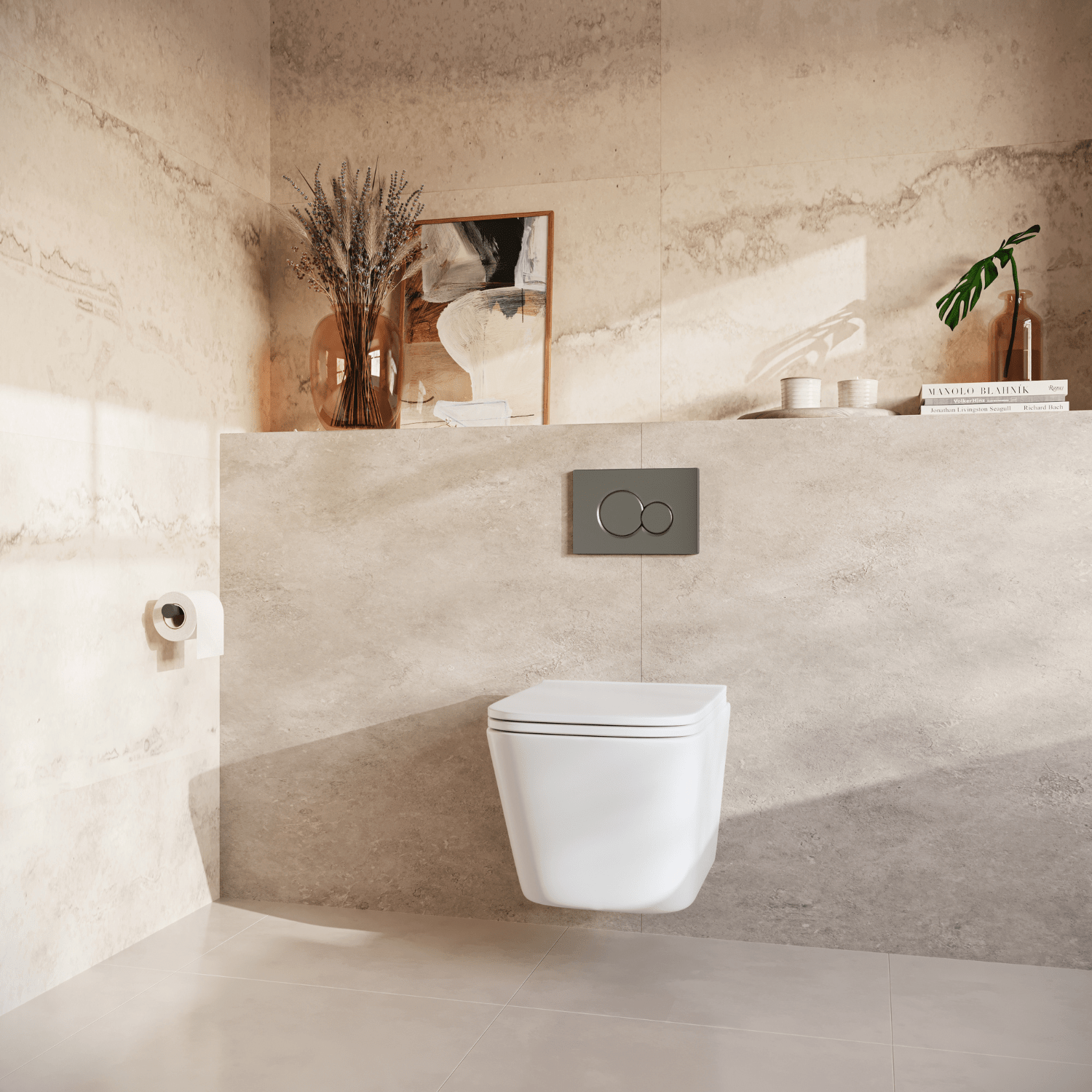 Hangtoilet met Inbouwreservoir - Vierkant Wit - Drukplaat Rond Gunmetal - Linea - lomazoo.com