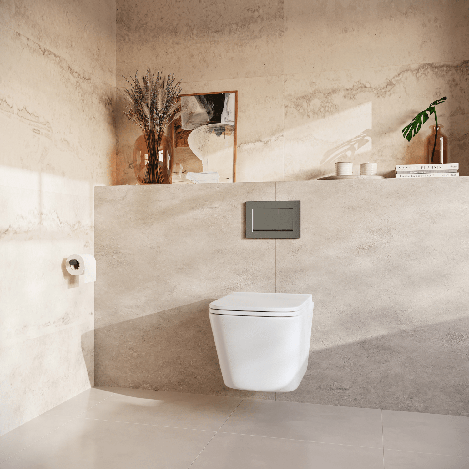 Hangtoilet met Inbouwreservoir - Vierkant Wit - Drukplaat Vierkant Gunmetal - Linea - lomazoo.com