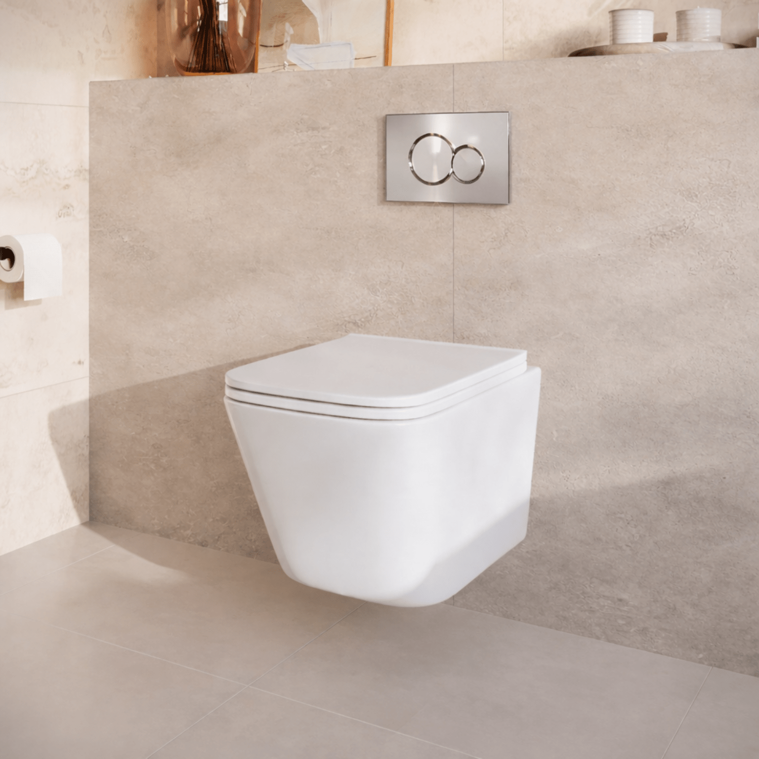 Hangtoilet met Inbouwreservoir - Vierkant Wit - Drukplaat Rond Chroom - Linea - lomazoo.com