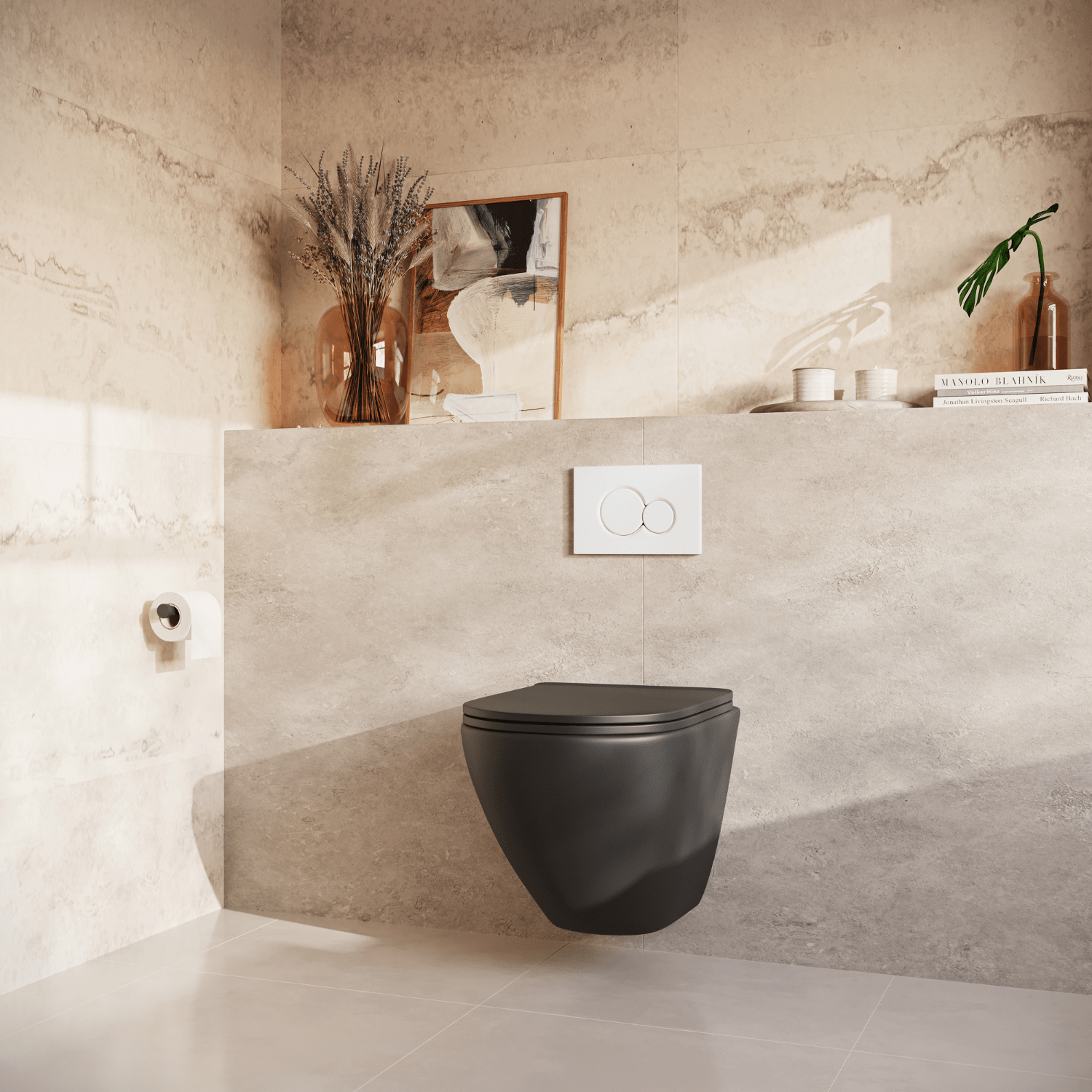 Hangtoilet met Inbouwreservoir - Rond Zwart - Drukplaat Rond Wit - Linea - lomazoo.com