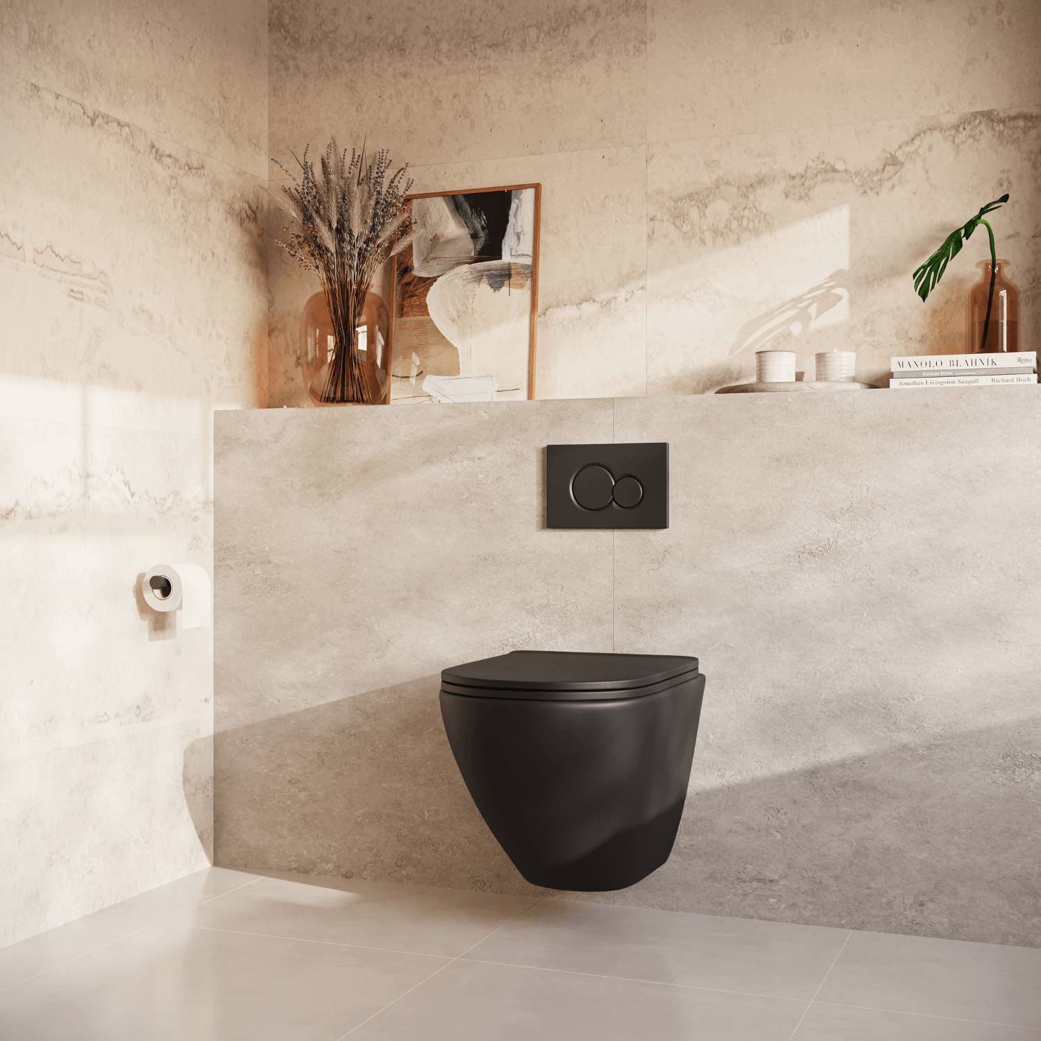 Hangtoilet met Inbouwreservoir - Rond Zwart - Drukplaat Rond Zwart - Linea - lomazoo.com