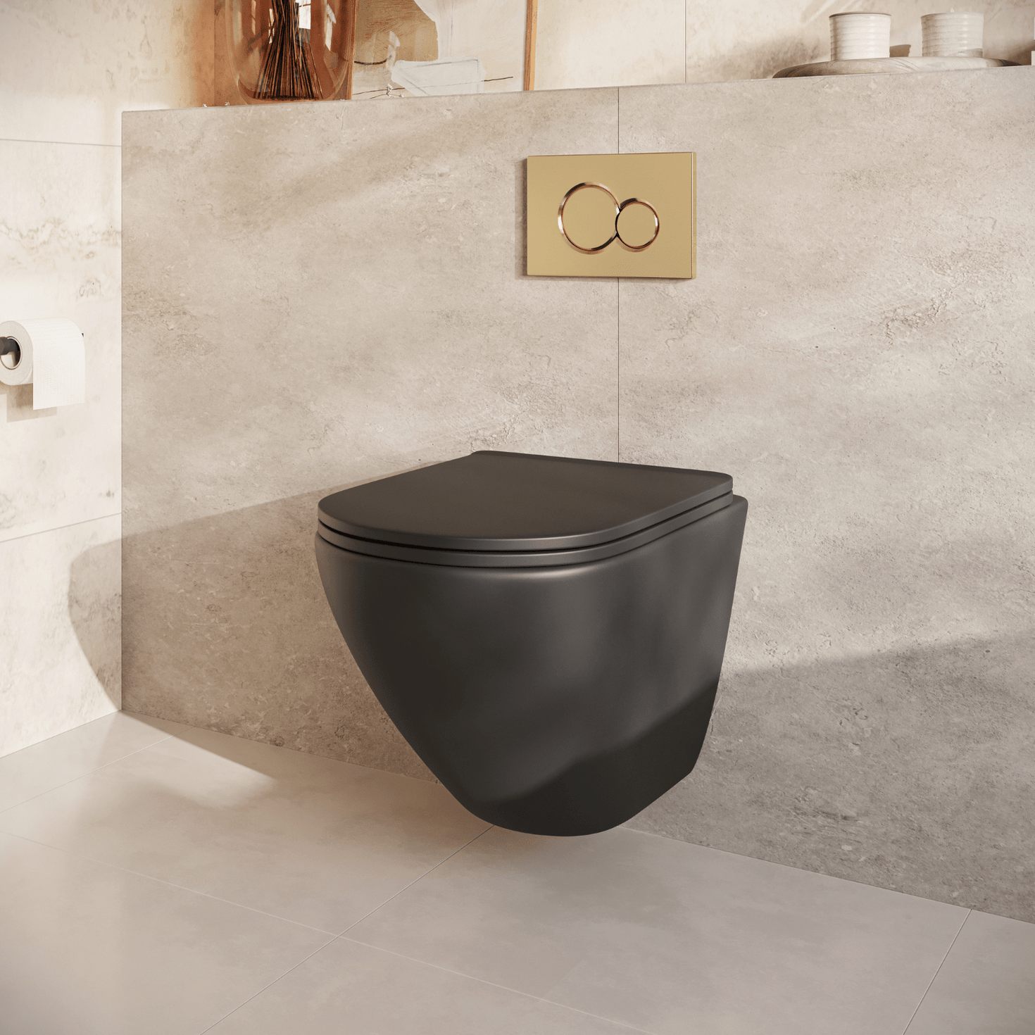Hangtoilet met Inbouwreservoir - Rond Zwart - Drukplaat Rond Goud - Linea - lomazoo.com