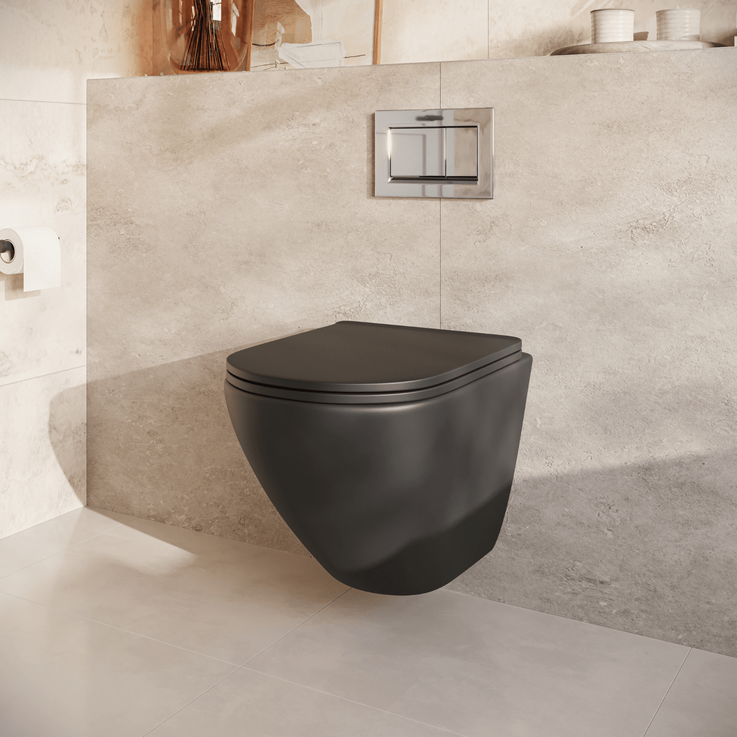 Hangtoilet met Inbouwreservoir - Rond Zwart - Drukplaat Vierkant Chroom - Linea - lomazoo.com