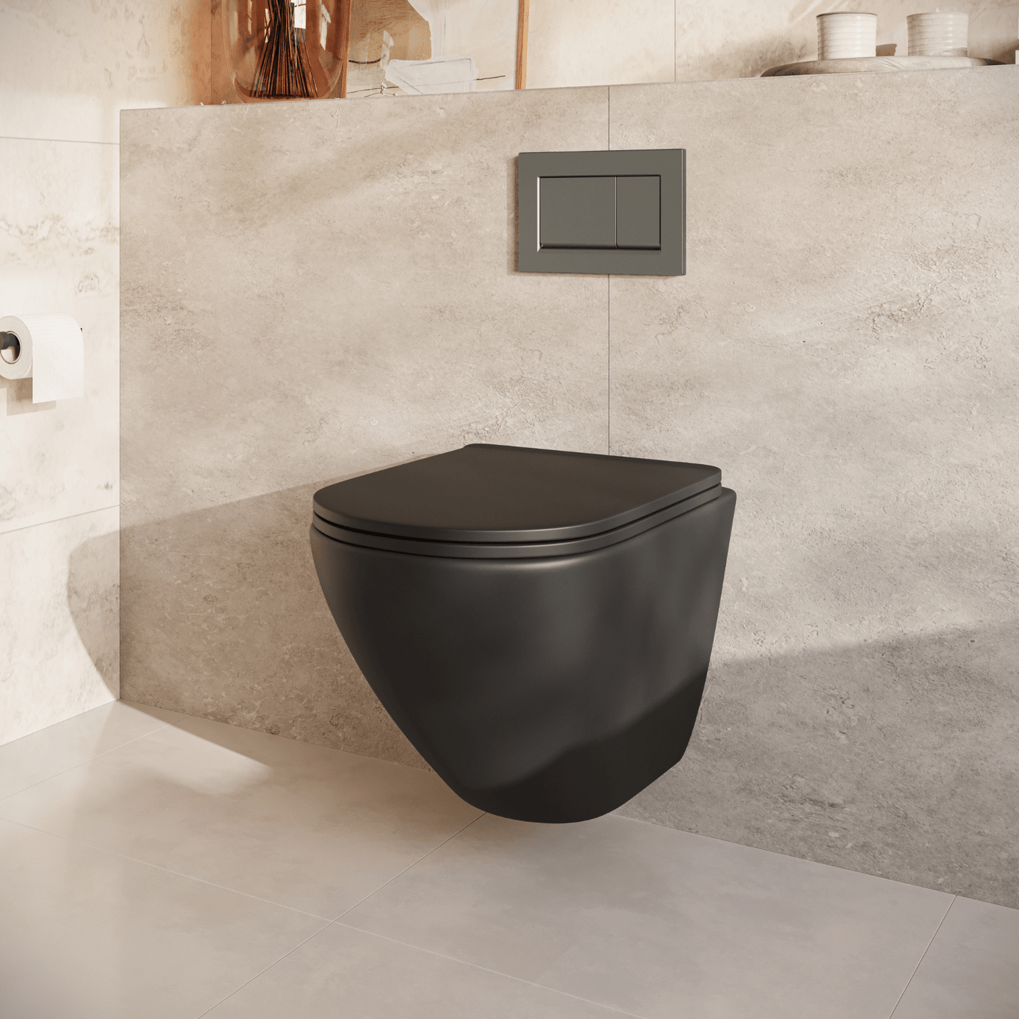 Hangtoilet met Inbouwreservoir - Rond Zwart - Drukplaat Vierkant Gunmetal - Linea - lomazoo.com