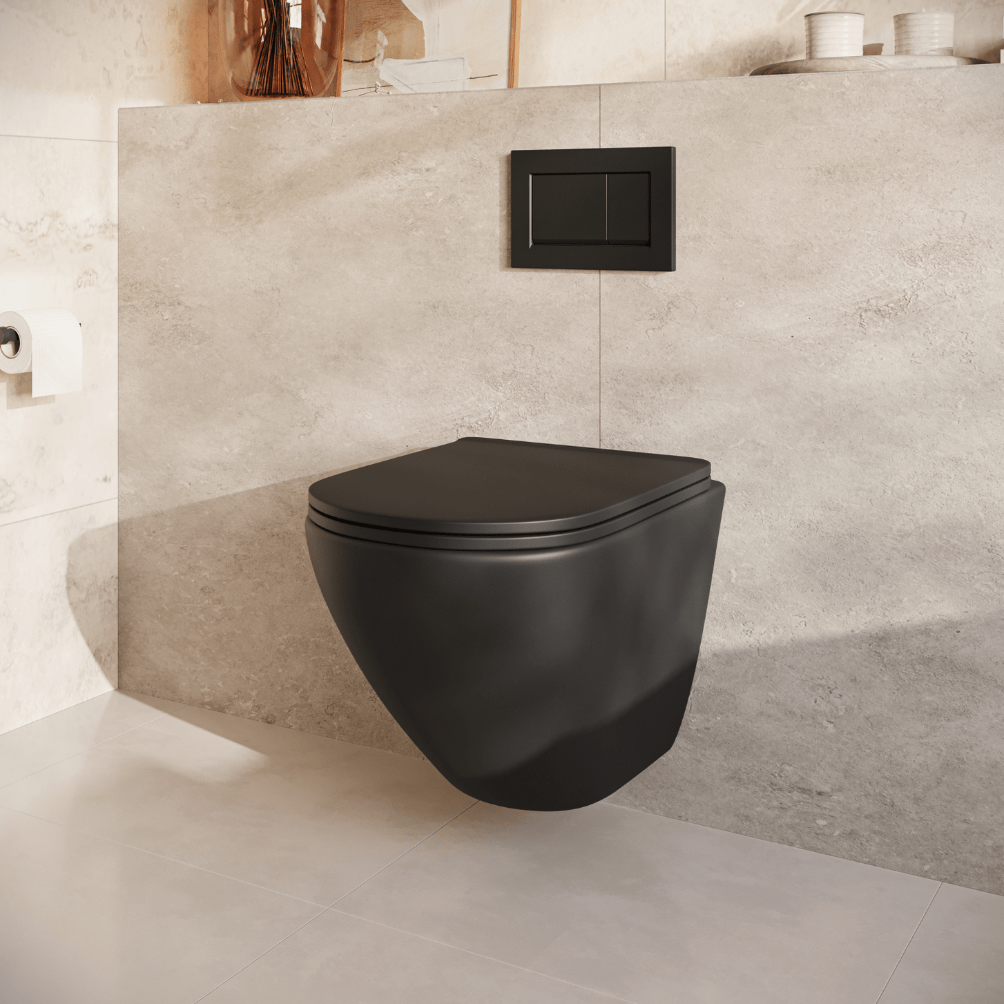 Hangtoilet met Inbouwreservoir - Rond Zwart - Drukplaat Vierkant Zwart - Linea - lomazoo.com