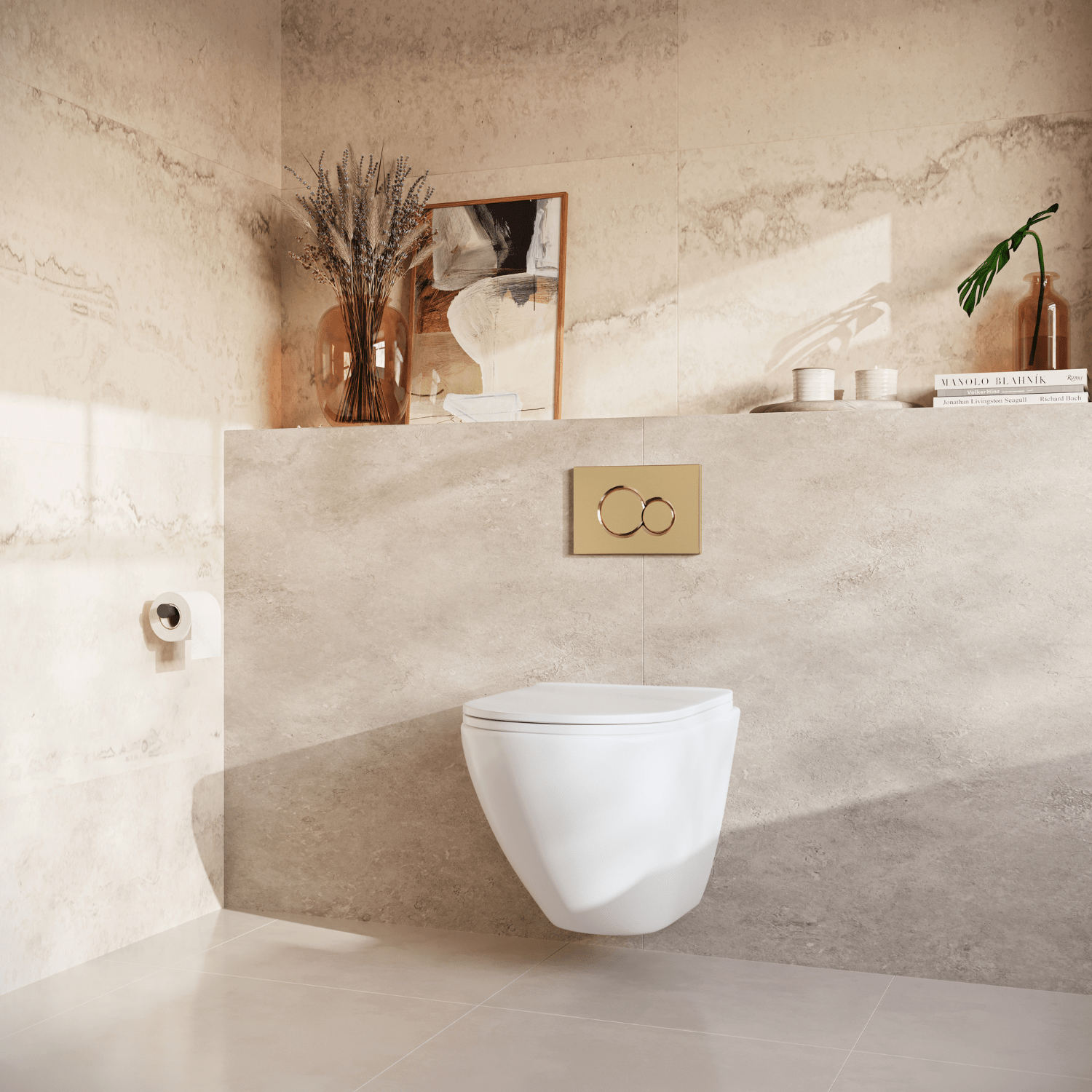 Hangtoilet met Inbouwreservoir - Rond Wit - Drukplaat Rond Goud - Linea - lomazoo.com