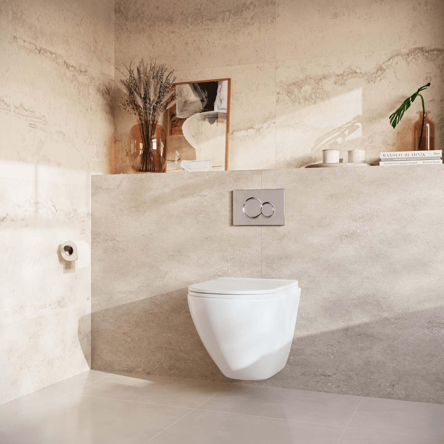 Hangtoilet met Inbouwreservoir - Rond Wit - Drukplaat Rond Chroom - Linea - lomazoo.com